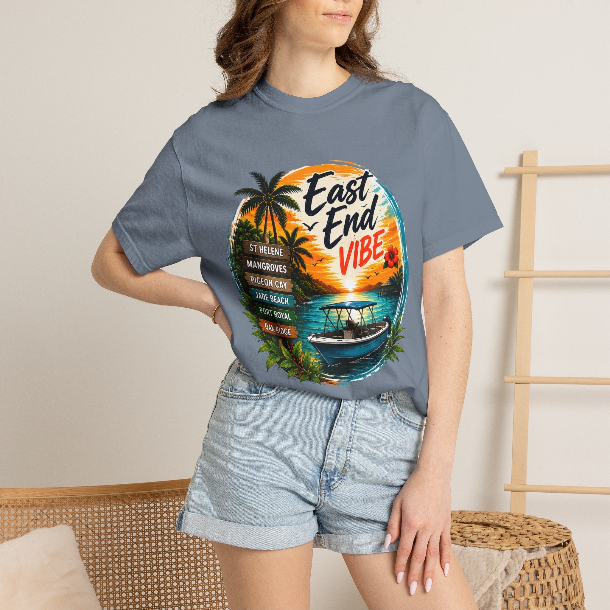 East End Vibe Beach T-Shirt — Tropical Palm Sunset Graphic Tee
