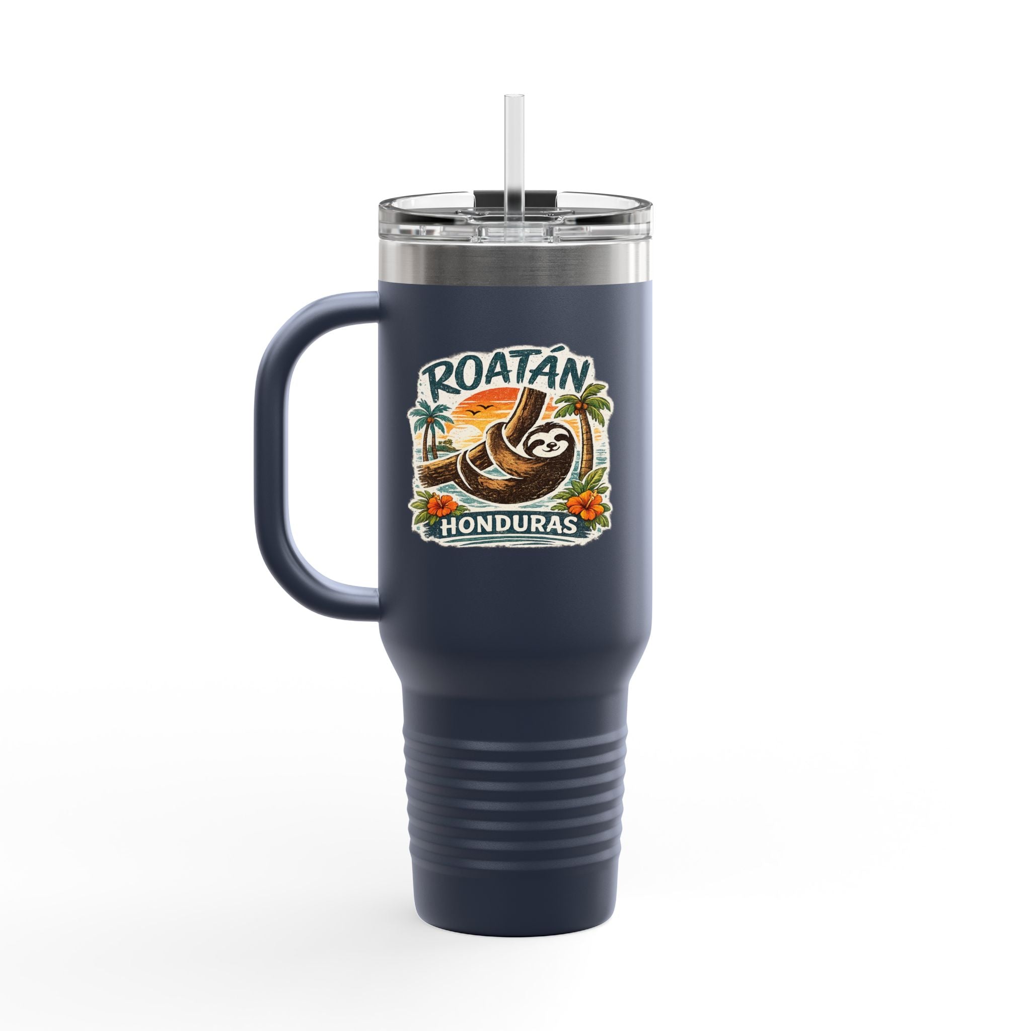 Roatán Honduras Travel Mug 40oz — Tropical Palm & Sloth Insulated Tumbler