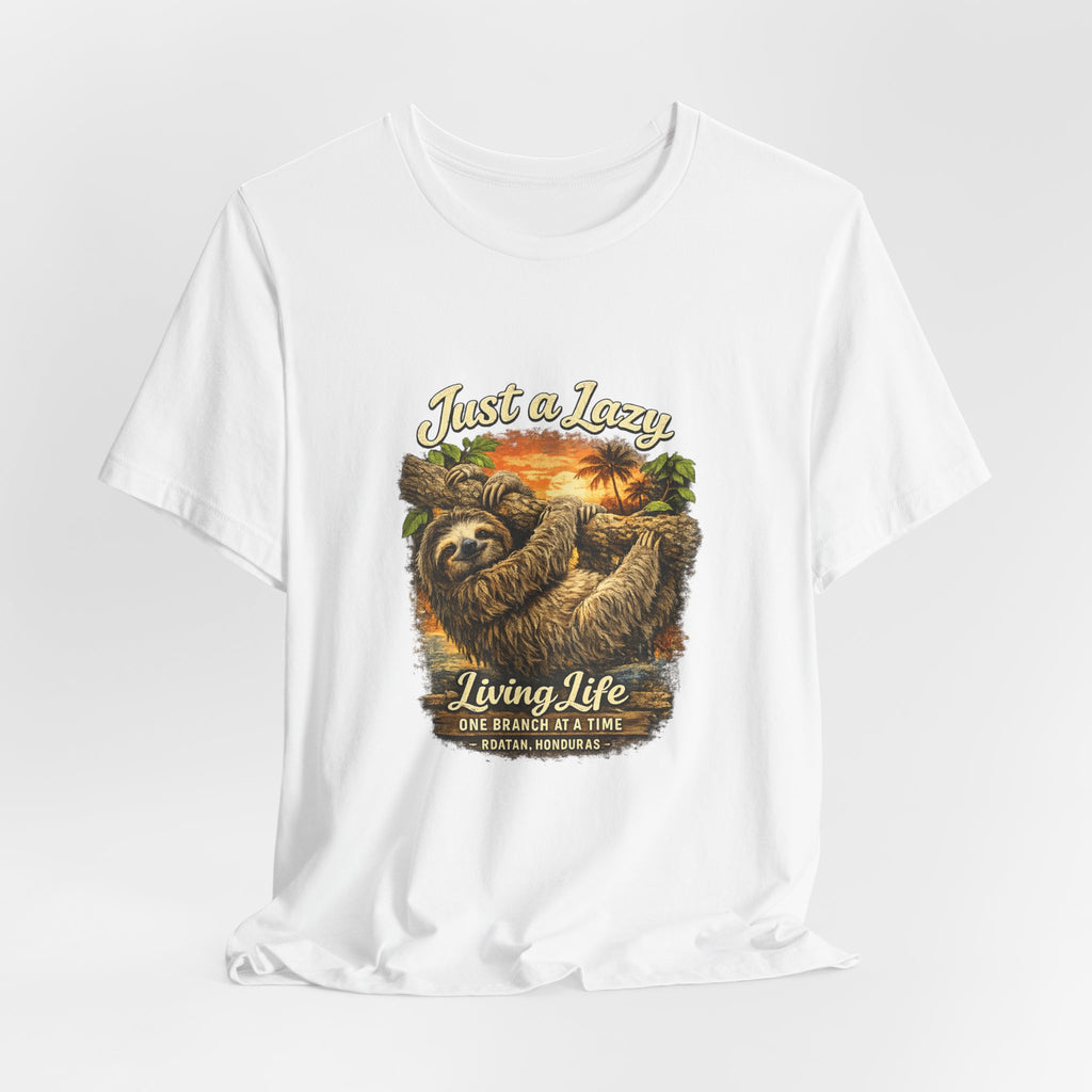 Sloth 'Just a Lazy Living Life' Graphic Tee — Beach Sunset Relaxed T-Shirt