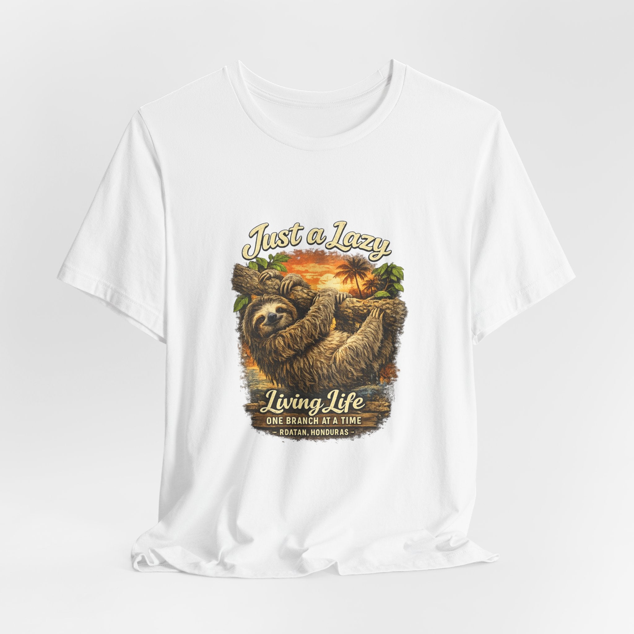 Sloth 'Just a Lazy Living Life' Graphic Tee — Beach Sunset Relaxed T-Shirt