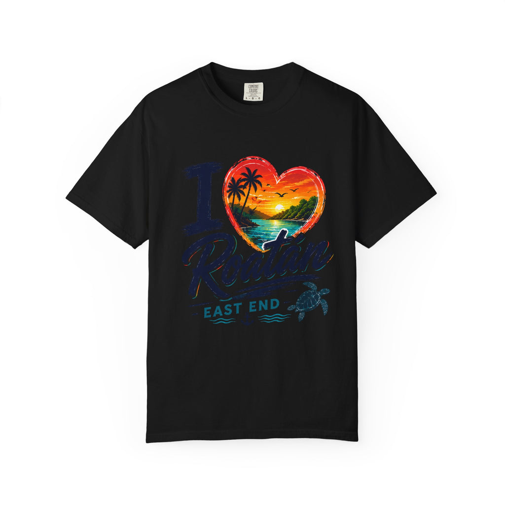 I Love Roatán East End T-Shirt — Tropical Heart Sunset Souvenir