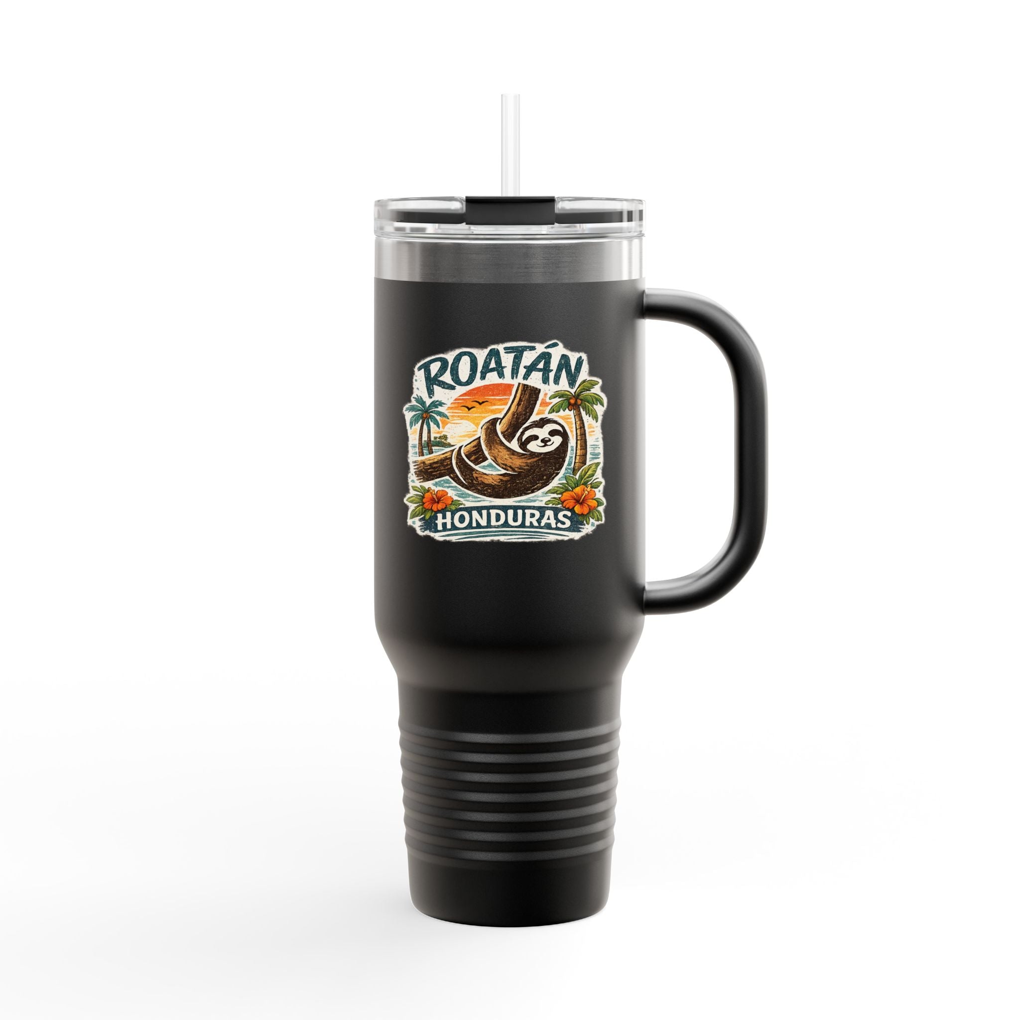 Roatán Honduras Travel Mug 40oz — Tropical Palm & Sloth Insulated Tumbler