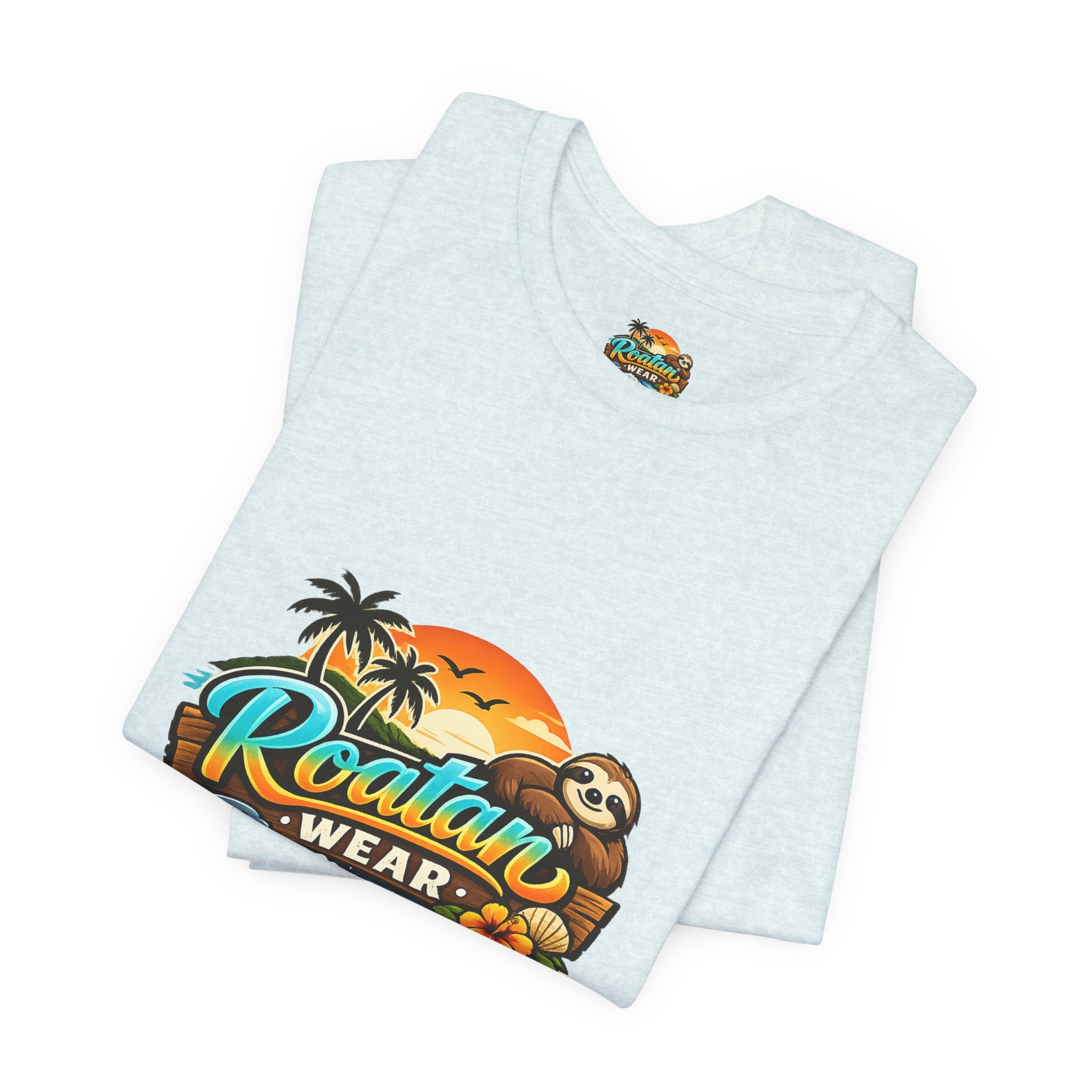 Roatán Wear Tropical Sunset Tee — Island Vibes Sloth Graphic Shirt