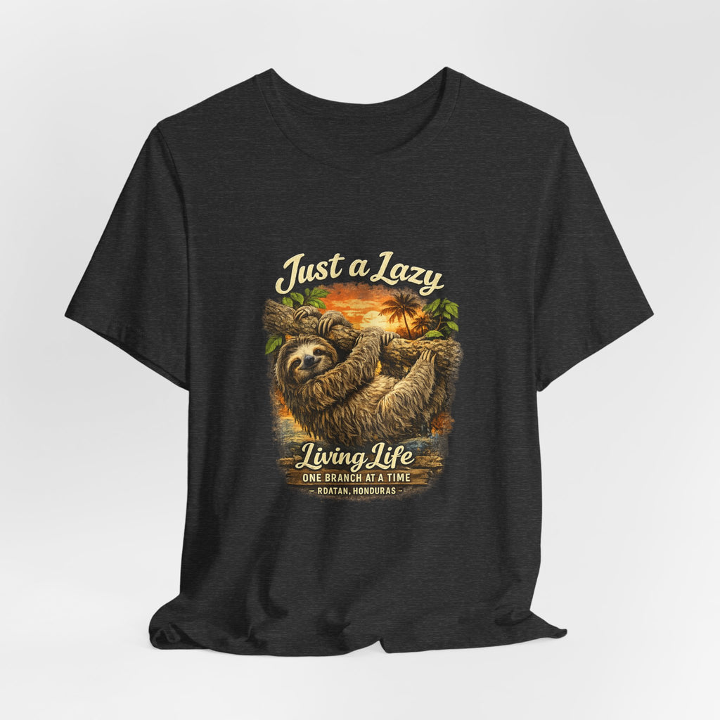 Sloth 'Just a Lazy Living Life' Graphic Tee — Beach Sunset Relaxed T-Shirt