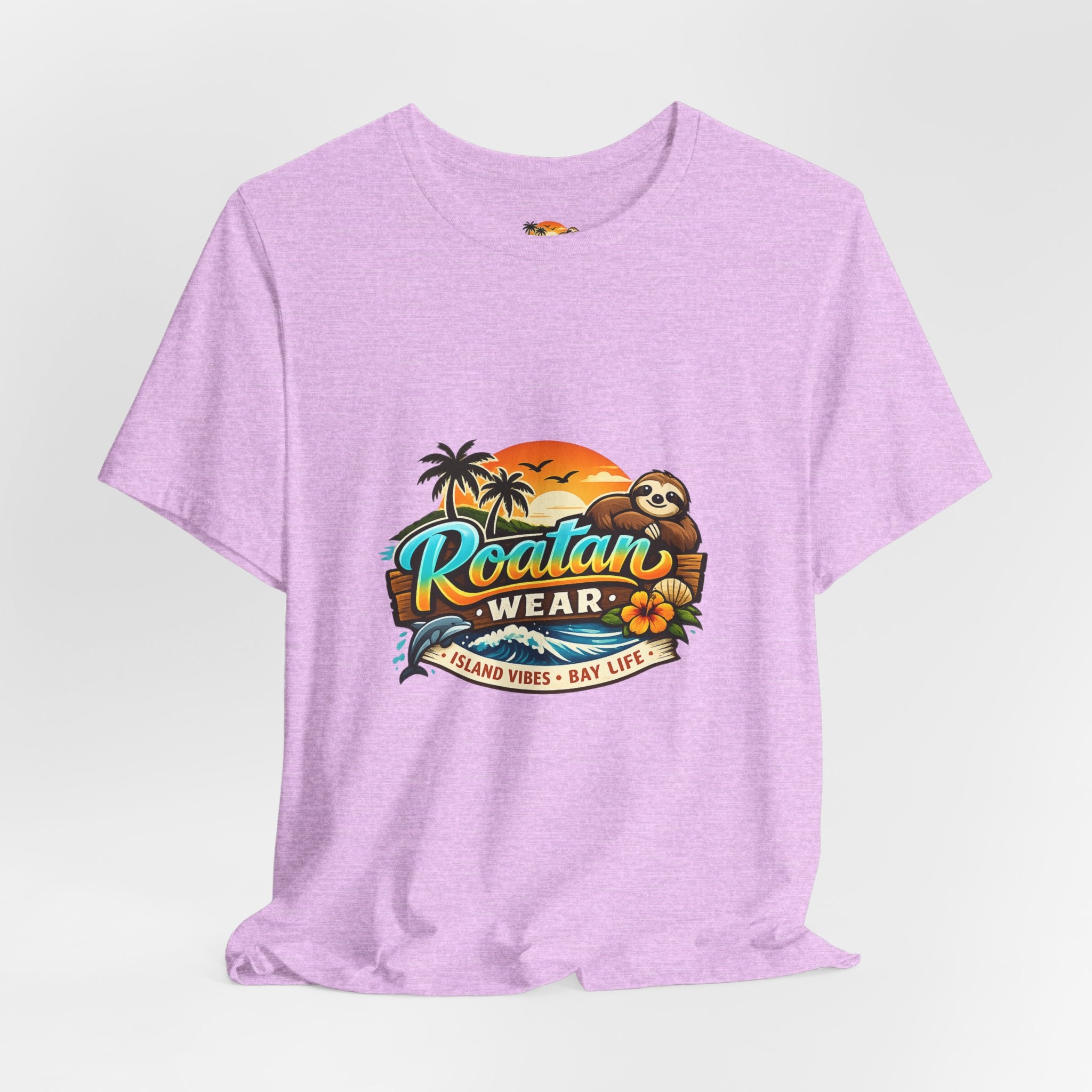 Roatán Wear Tropical Sunset Tee — Island Vibes Sloth Graphic Shirt