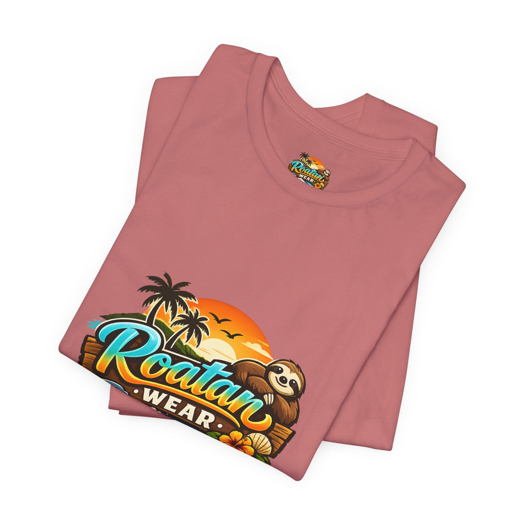 Roatán Wear Tropical Sunset Tee — Island Vibes Sloth Graphic Shirt