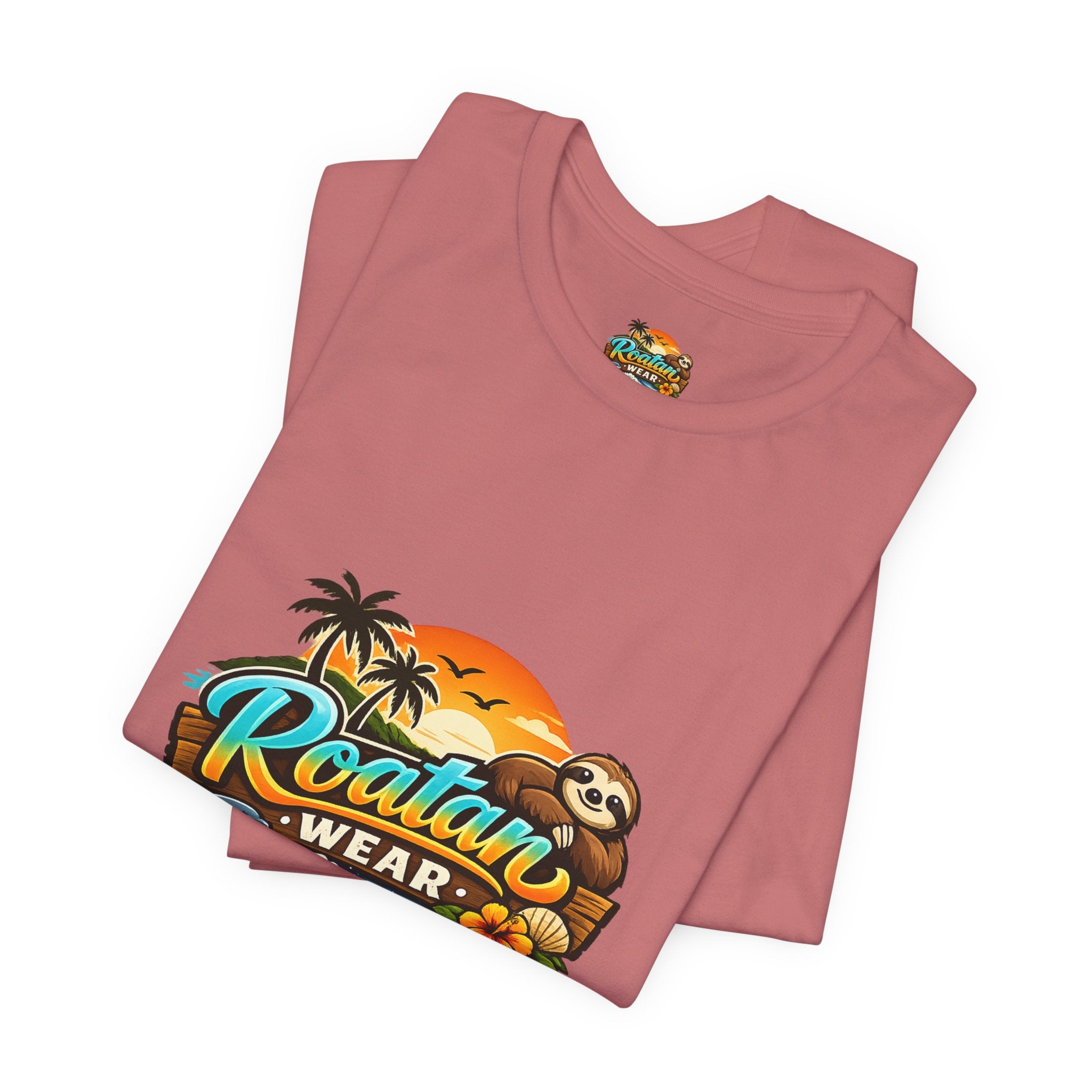 Roatán Wear Tropical Sunset Tee — Island Vibes Sloth Graphic Shirt