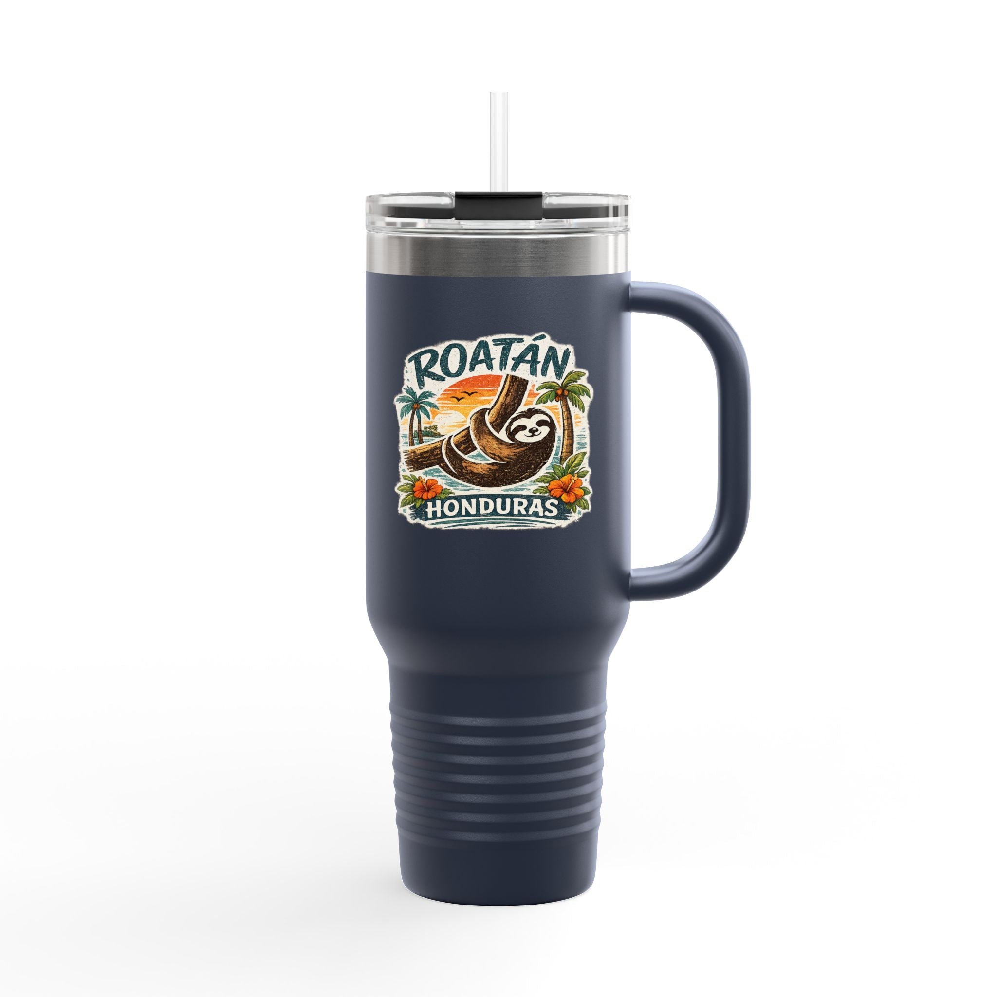 Roatán Honduras Travel Mug 40oz — Tropical Palm & Sloth Insulated Tumbler