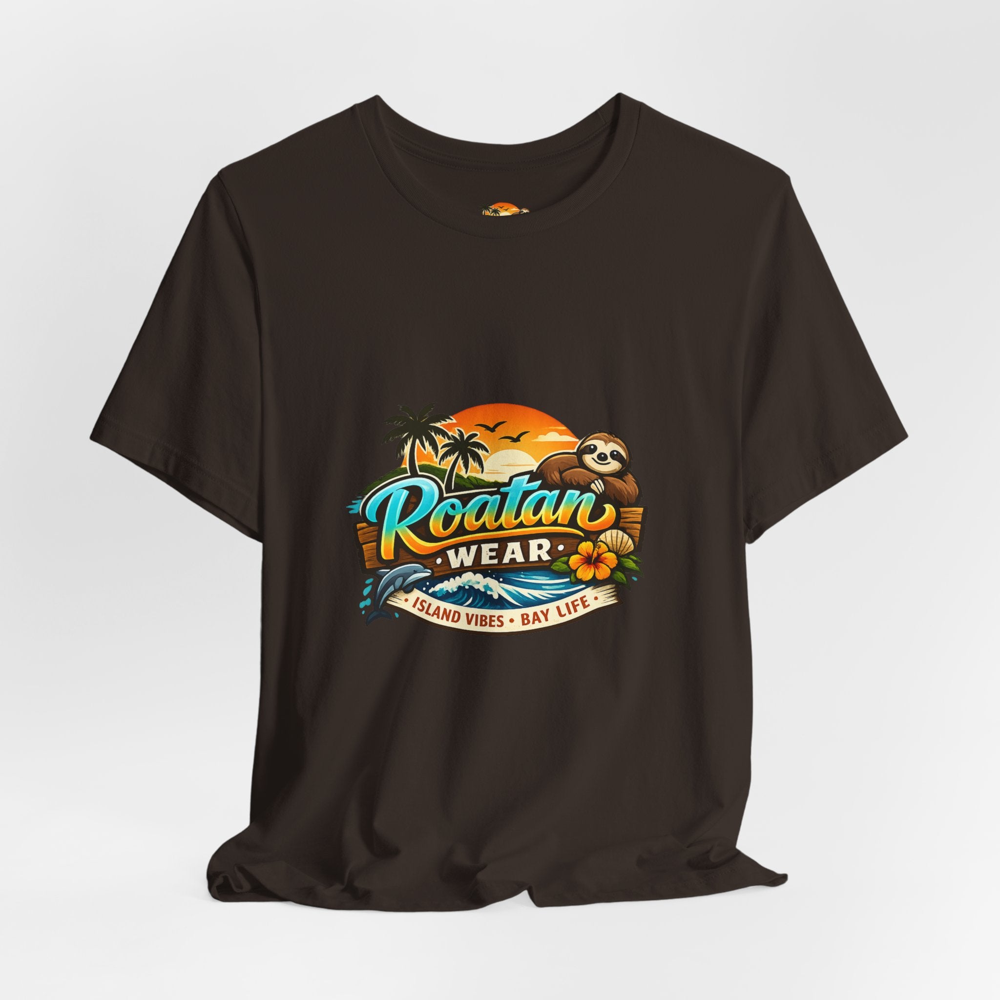 Roatán Wear Tropical Sunset Tee — Island Vibes Sloth Graphic Shirt