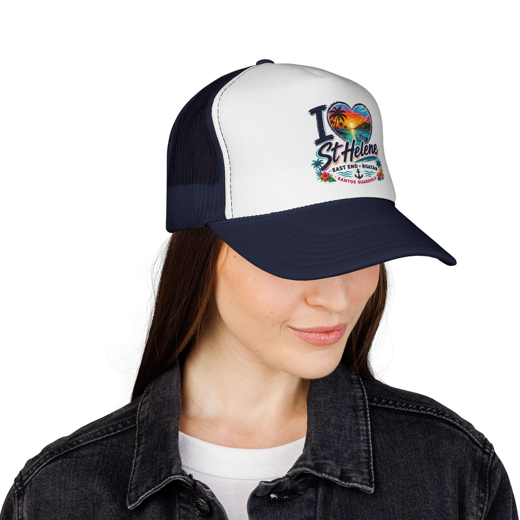 I Heart St. Helene Trucker Cap — Tropical Beach Sunset Hat
