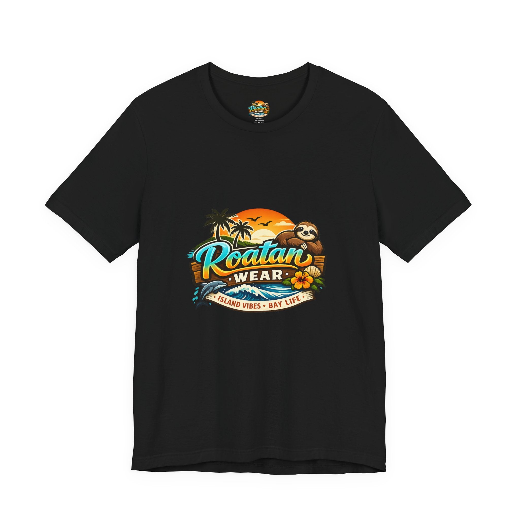 Roatán Wear Tropical Sunset Tee — Island Vibes Sloth Graphic Shirt