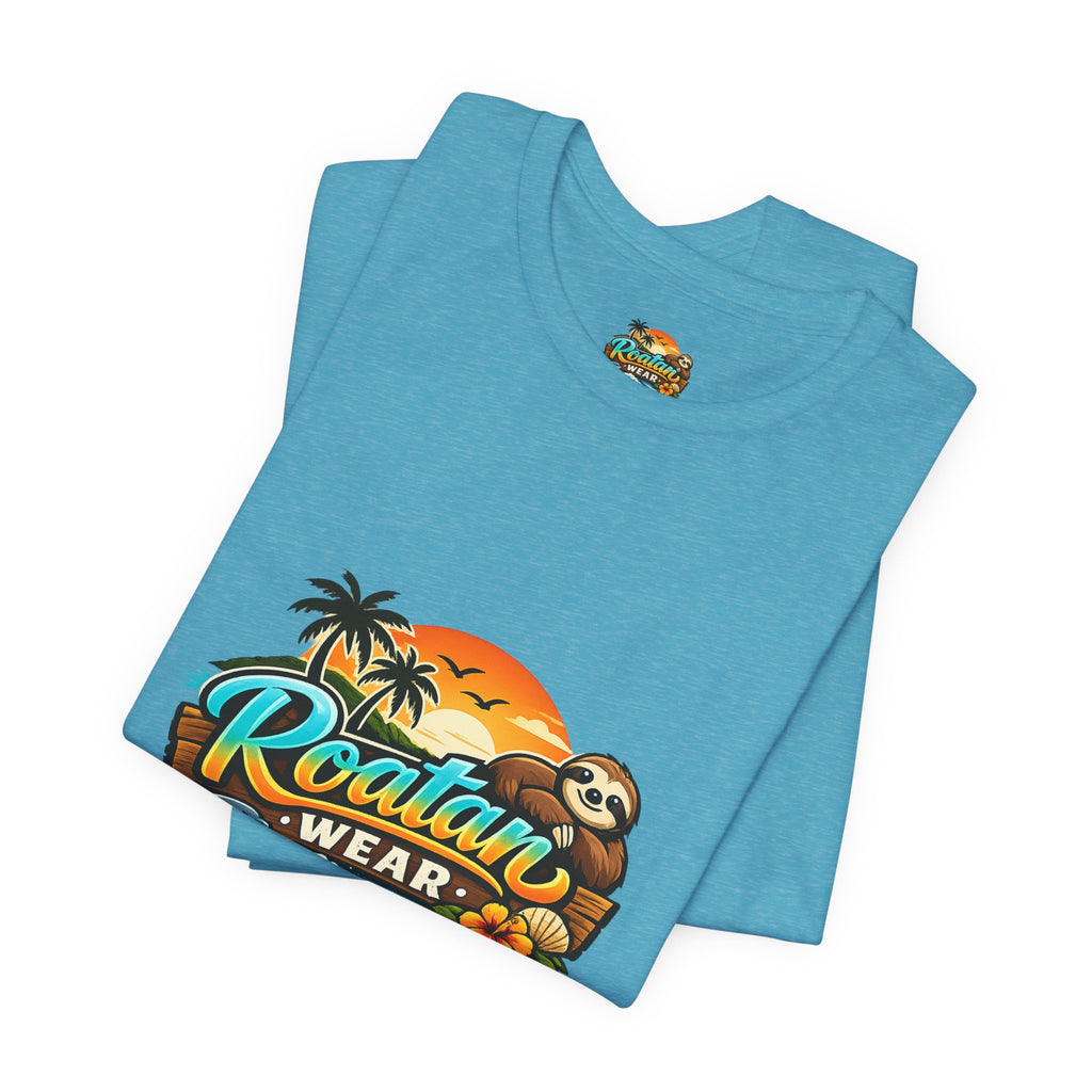 Roatán Wear Tropical Sunset Tee — Island Vibes Sloth Graphic Shirt