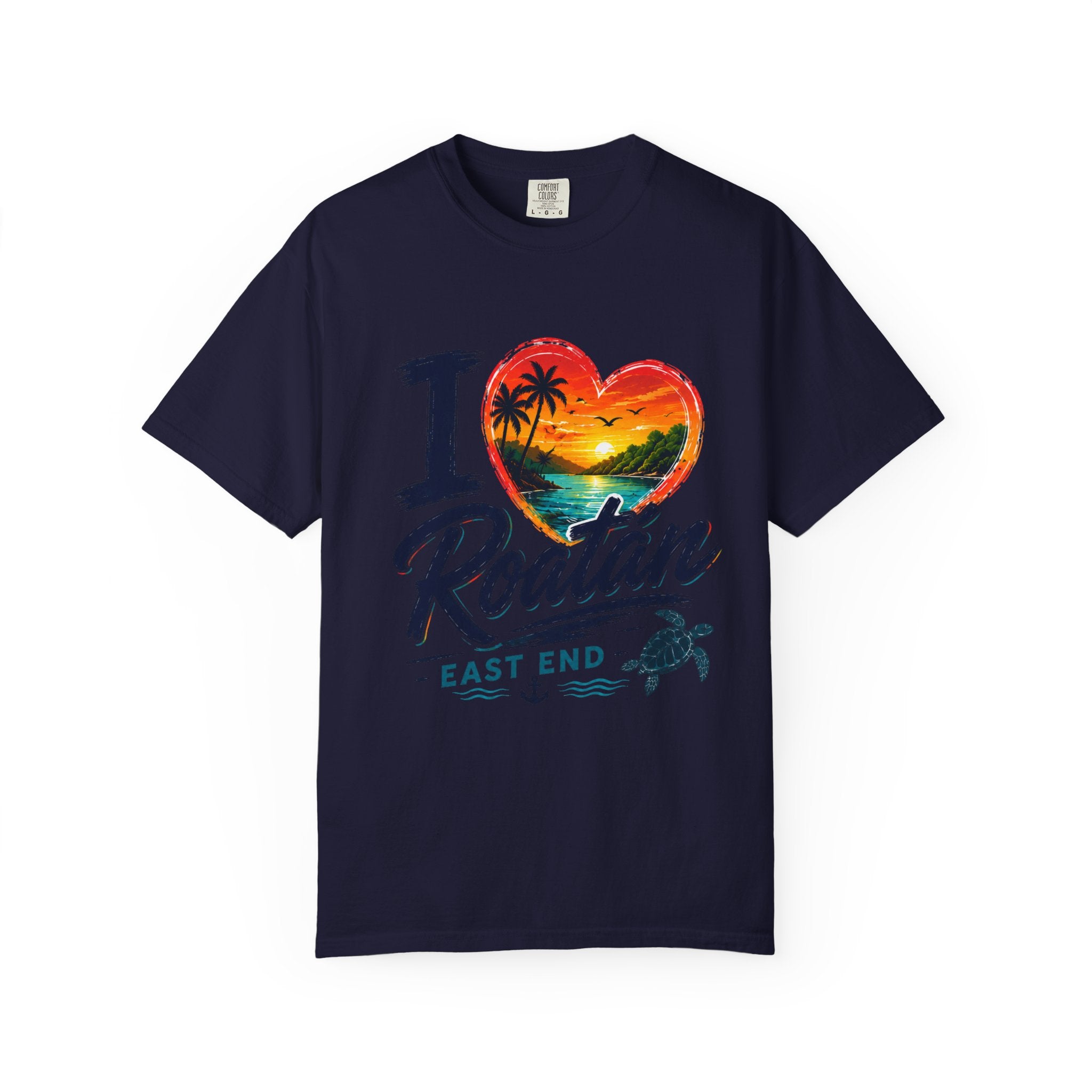 I Love Roatán East End T-Shirt — Tropical Heart Sunset Souvenir