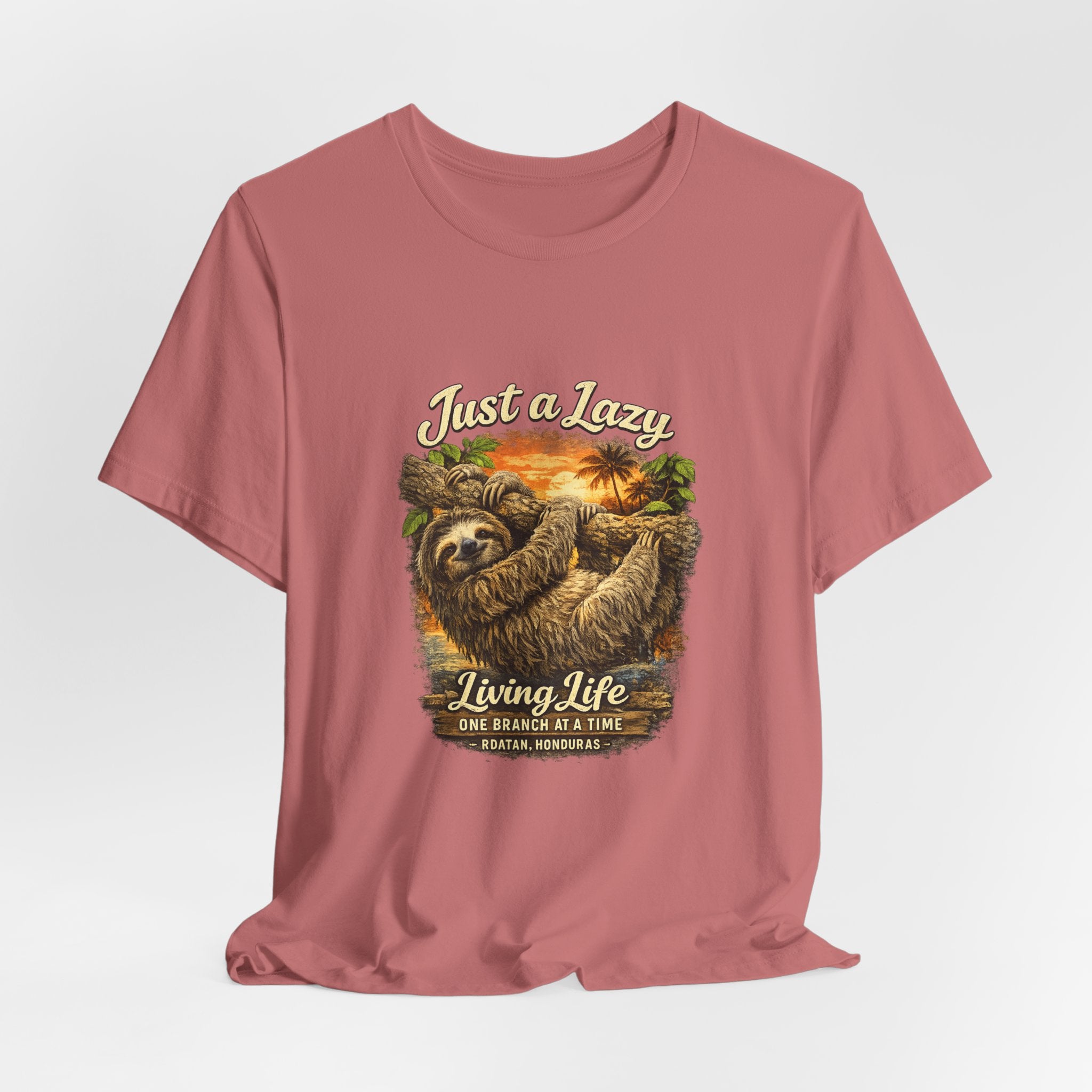 Sloth 'Just a Lazy Living Life' Graphic Tee — Beach Sunset Relaxed T-Shirt