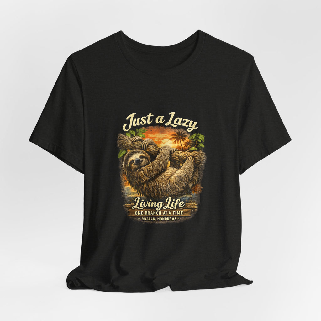 Sloth 'Just a Lazy Living Life' Graphic Tee — Beach Sunset Relaxed T-Shirt