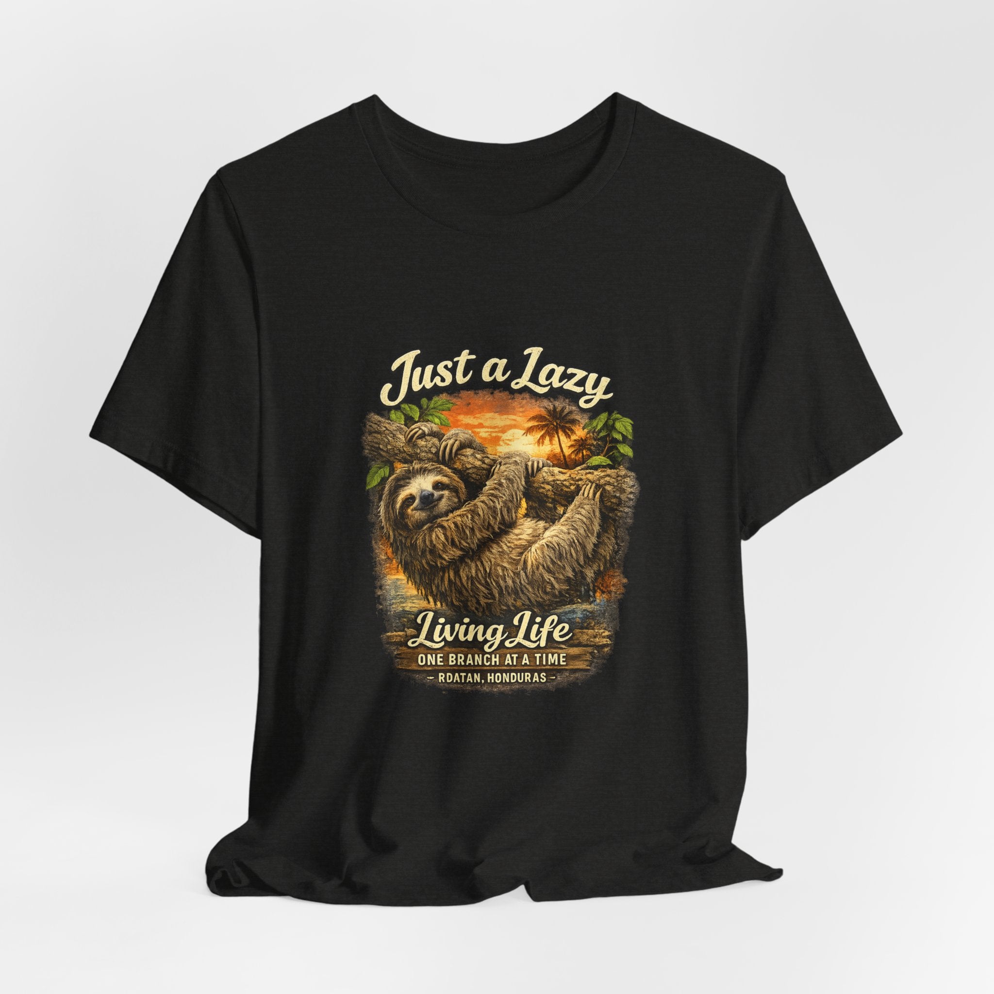 Sloth 'Just a Lazy Living Life' Graphic Tee — Beach Sunset Relaxed T-Shirt