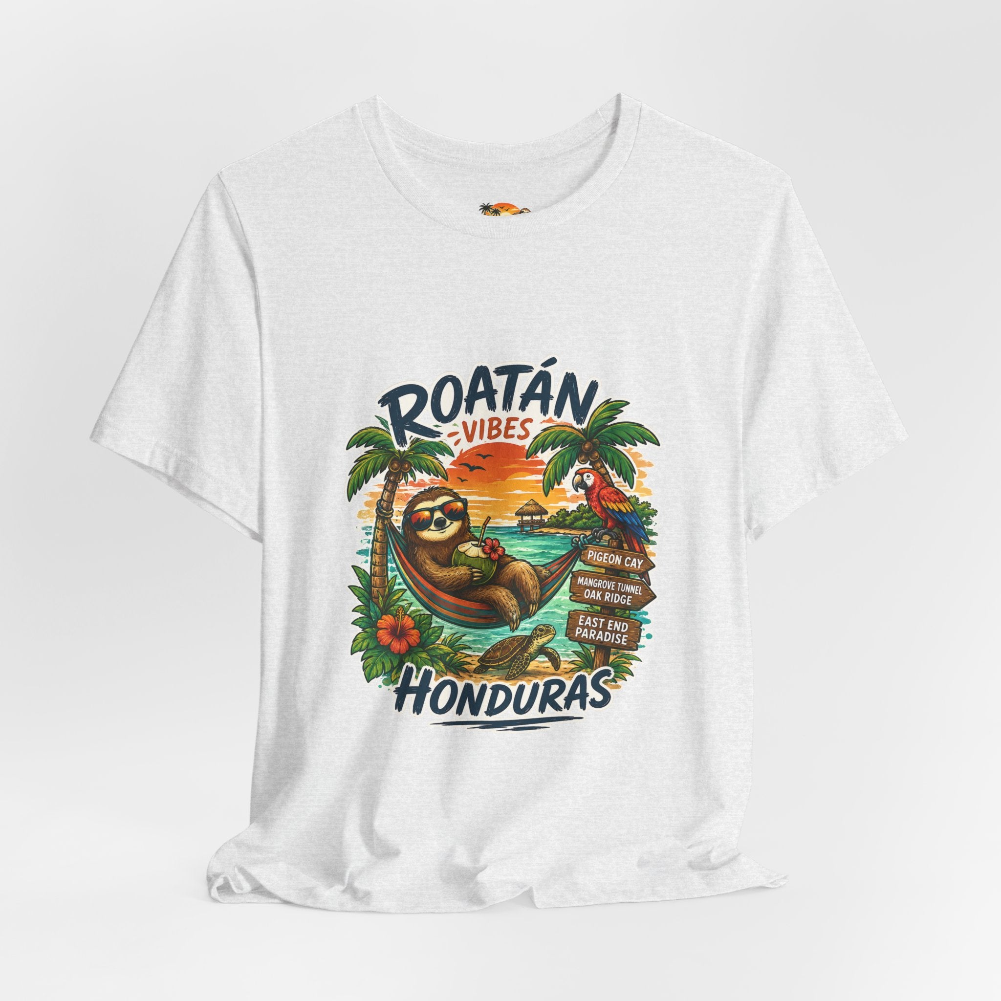 Roatán Vibes Honduras T-Shirt — Tropical Sloth Beach Vacation Tee