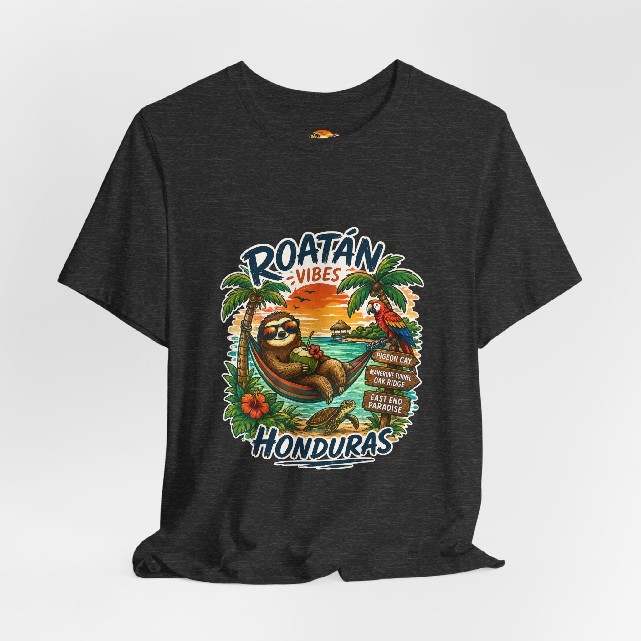 Roatán Vibes Honduras T-Shirt — Tropical Sloth Beach Vacation Tee