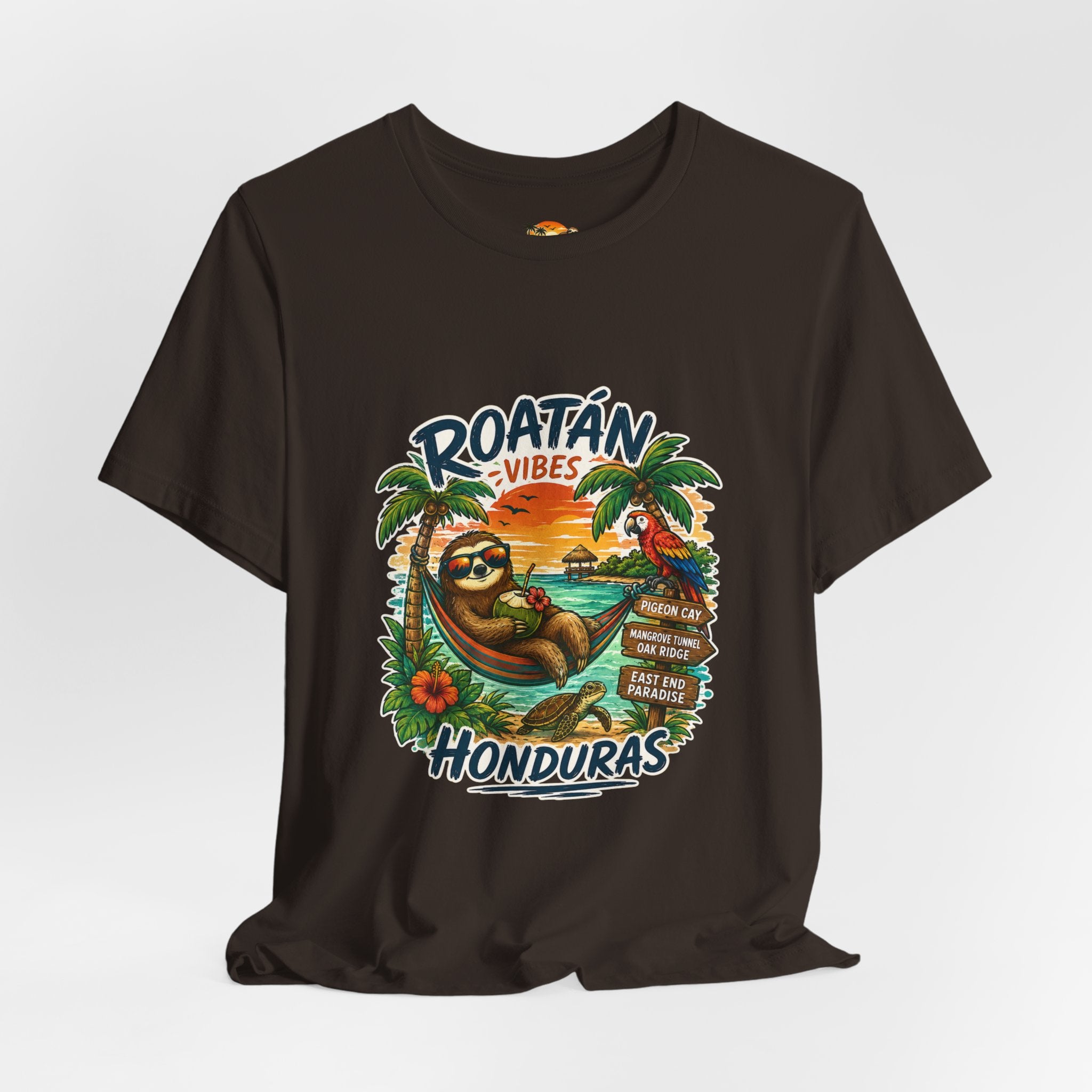 Roatán Vibes Honduras T-Shirt — Tropical Sloth Beach Vacation Tee