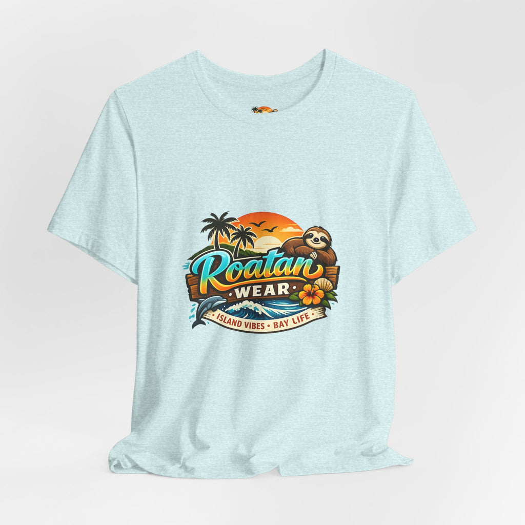 Roatán Wear Tropical Sunset Tee — Island Vibes Sloth Graphic Shirt