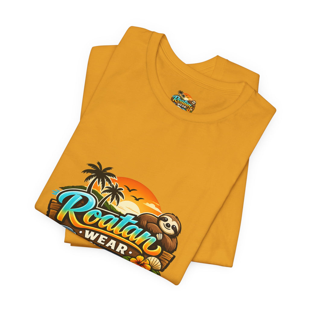 Roatán Wear Tropical Sunset Tee — Island Vibes Sloth Graphic Shirt