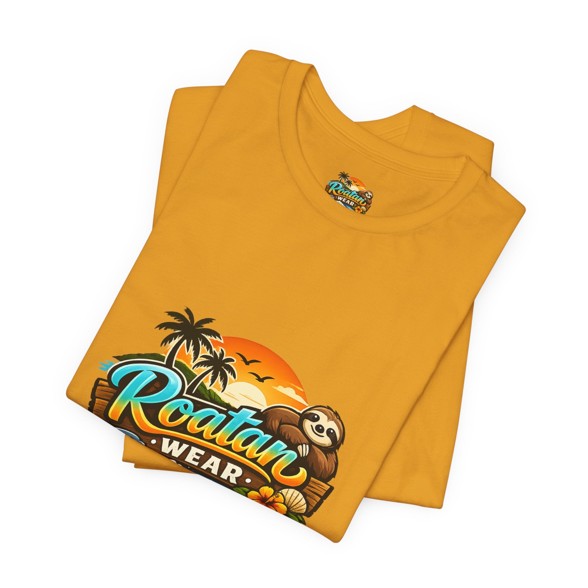 Roatán Wear Tropical Sunset Tee — Island Vibes Sloth Graphic Shirt