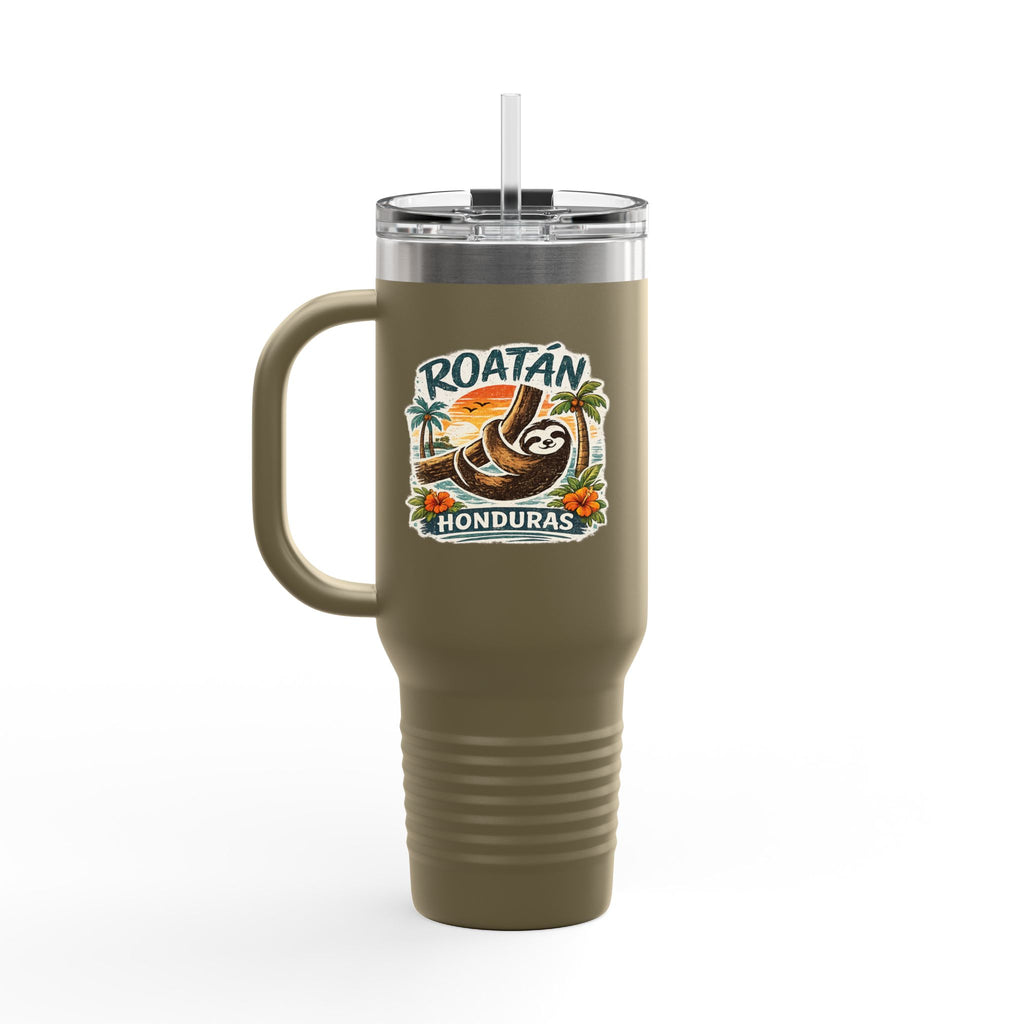 Roatán Honduras Travel Mug 40oz — Tropical Palm & Sloth Insulated Tumbler