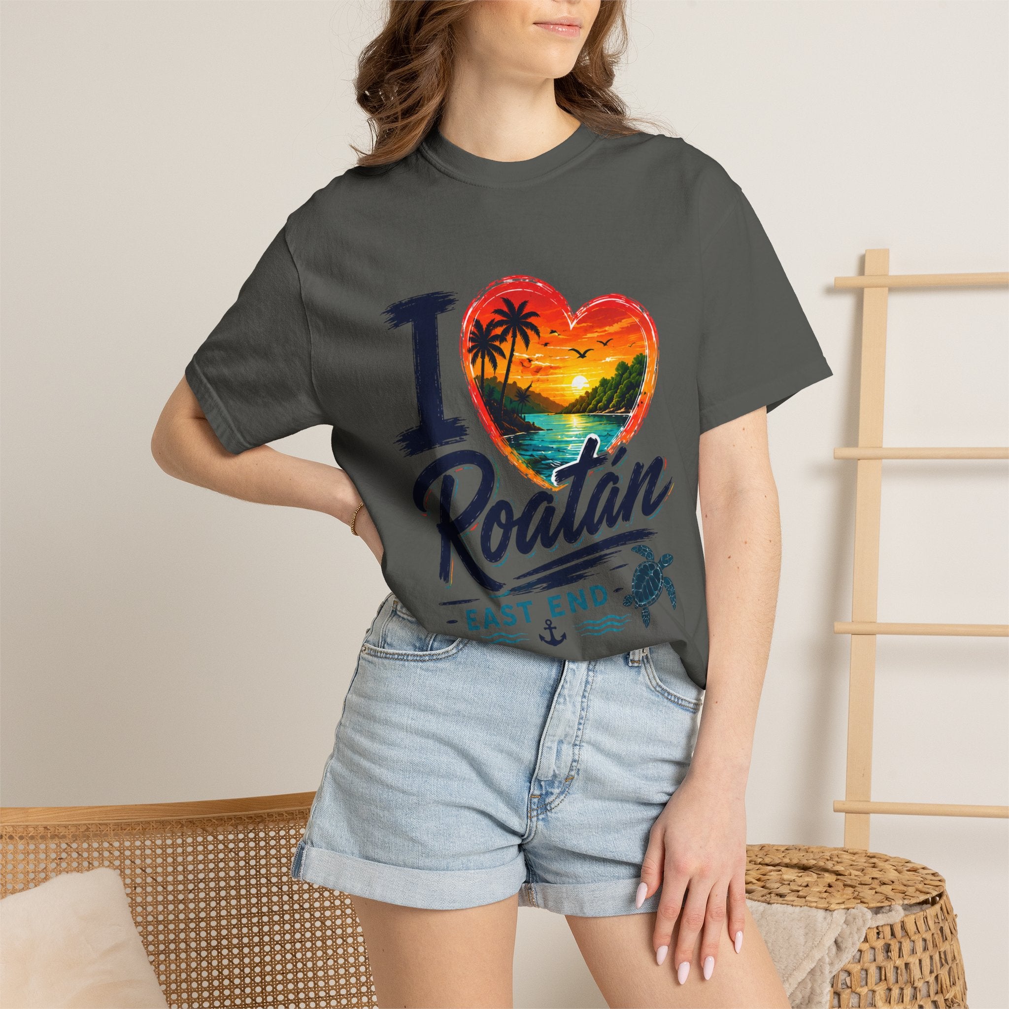 I Love Roatán East End T-Shirt — Tropical Heart Sunset Souvenir