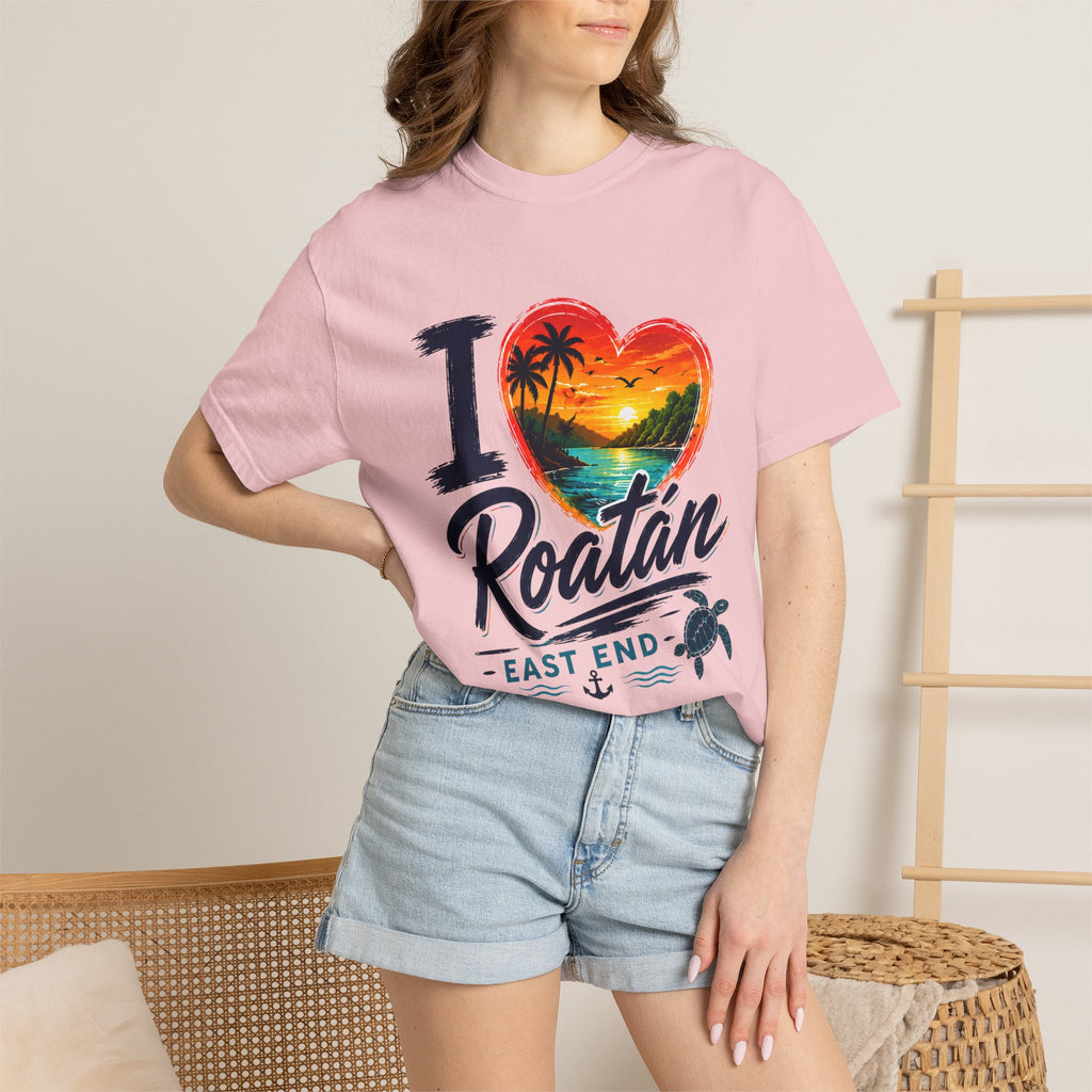 I Love Roatán East End T-Shirt — Tropical Heart Sunset Souvenir