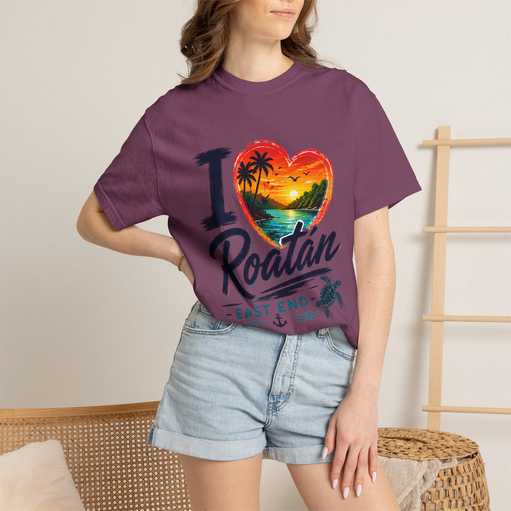 I Love Roatán East End T-Shirt — Tropical Heart Sunset Souvenir
