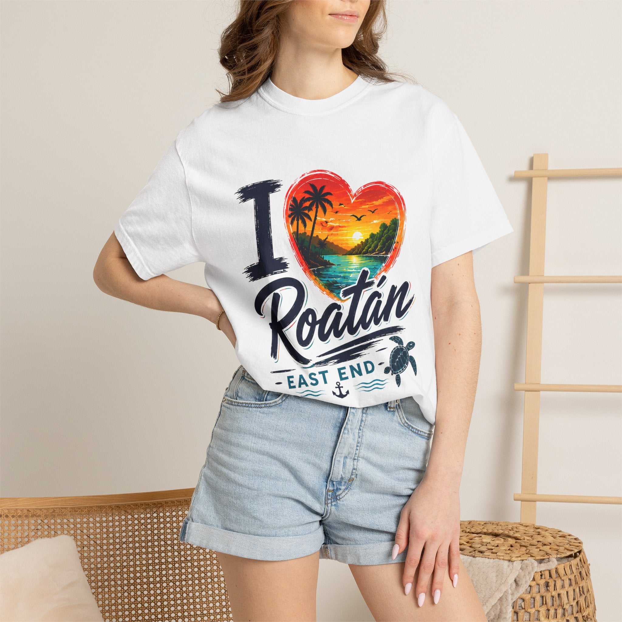 I Love Roatán East End T-Shirt — Tropical Heart Sunset Souvenir