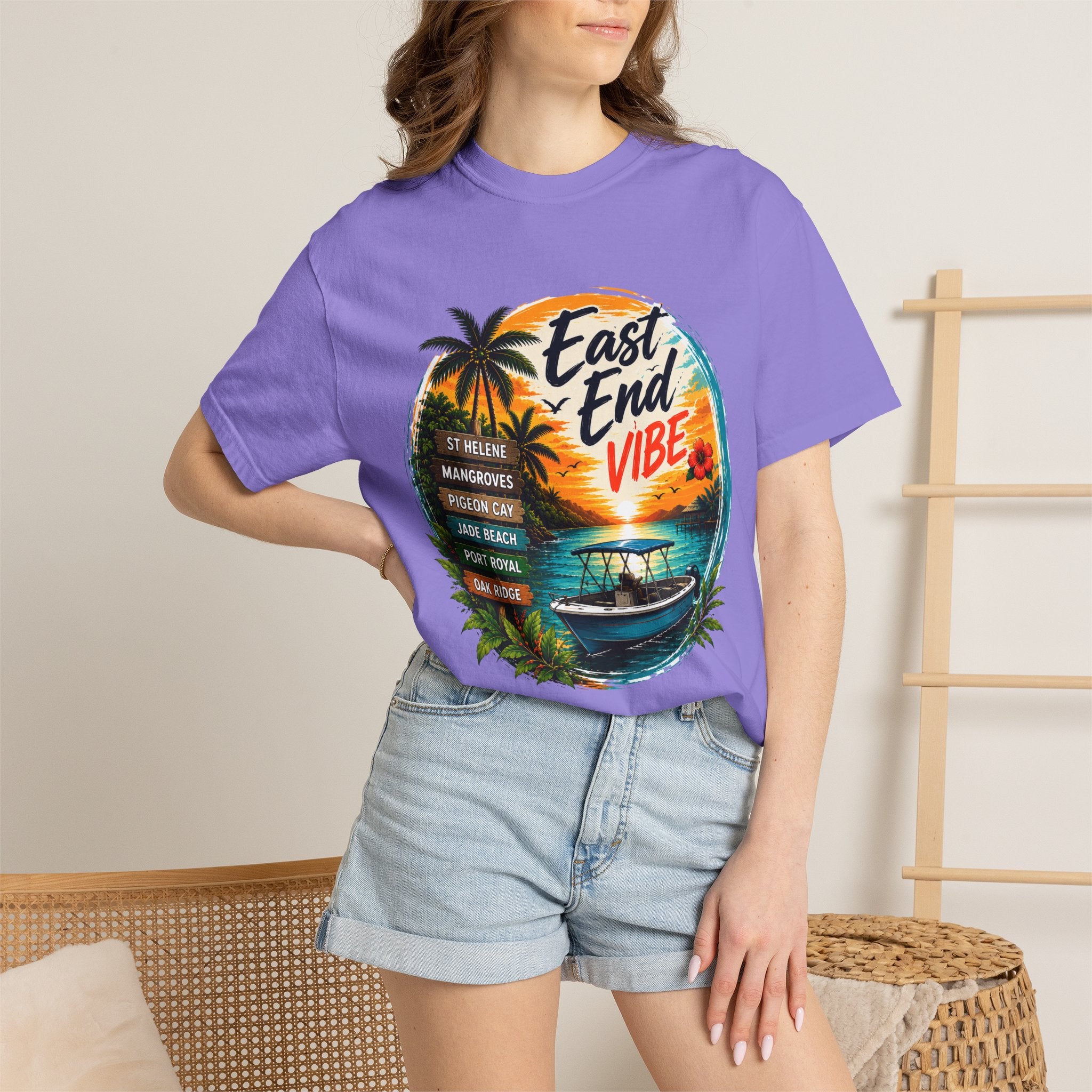 East End Vibe Beach T-Shirt — Tropical Palm Sunset Graphic Tee