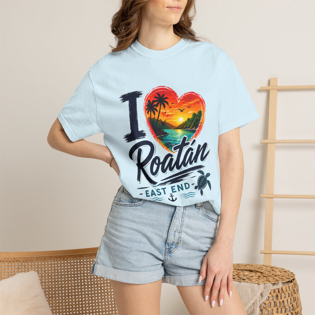 I Love Roatán East End T-Shirt — Tropical Heart Sunset Souvenir