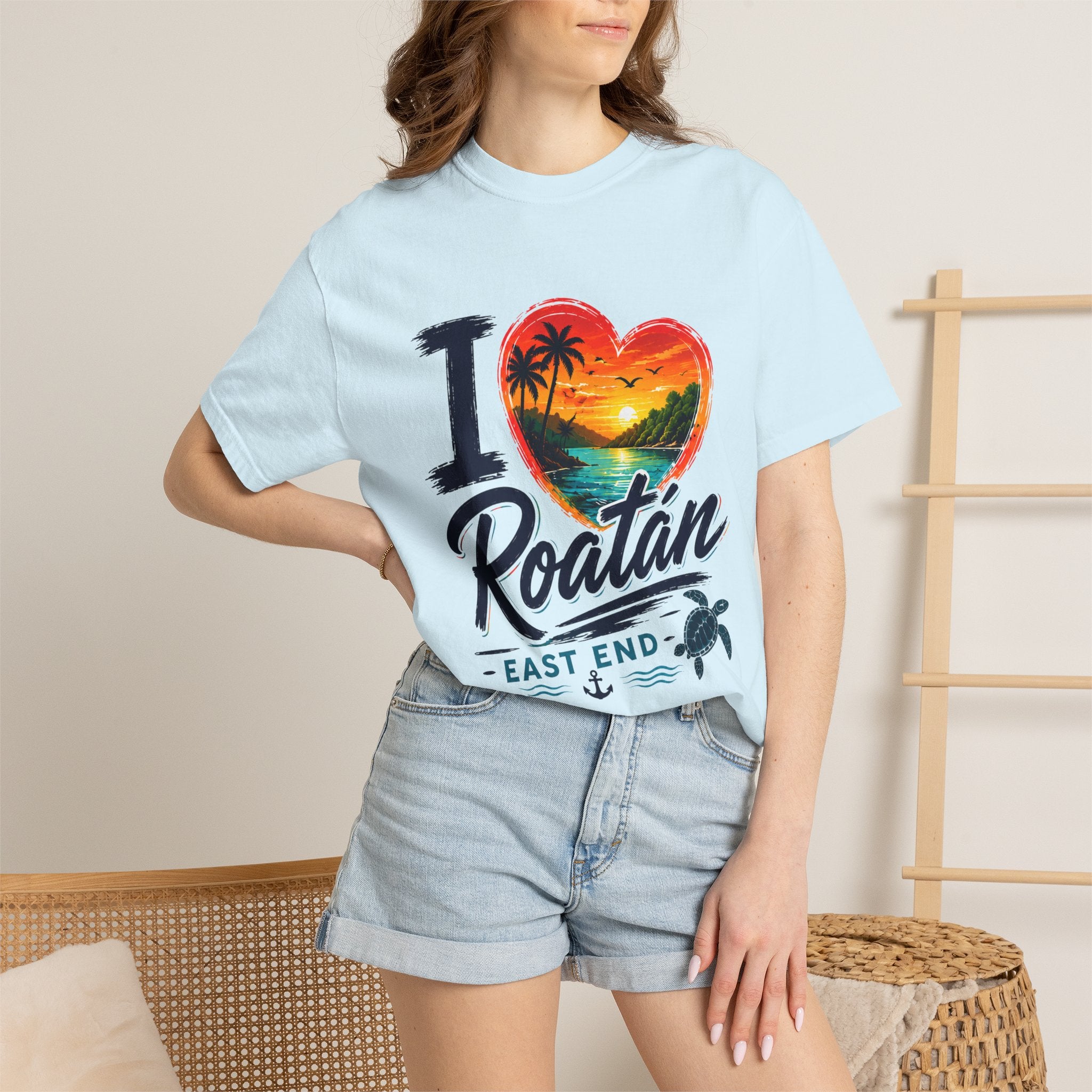 I Love Roatán East End T-Shirt — Tropical Heart Sunset Souvenir