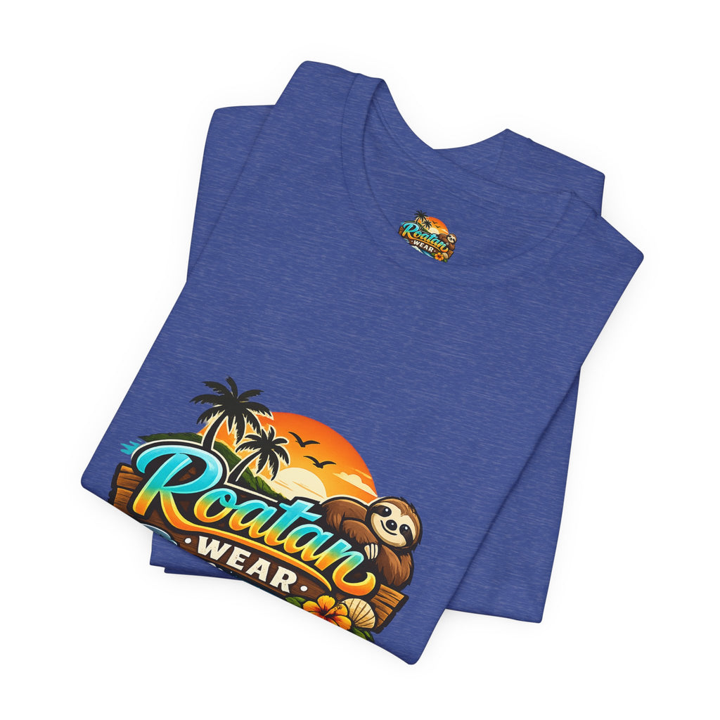 Roatán Wear Tropical Sunset Tee — Island Vibes Sloth Graphic Shirt