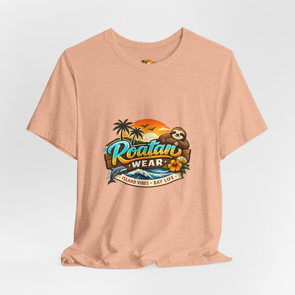 Roatán Wear Tropical Sunset Tee — Island Vibes Sloth Graphic Shirt