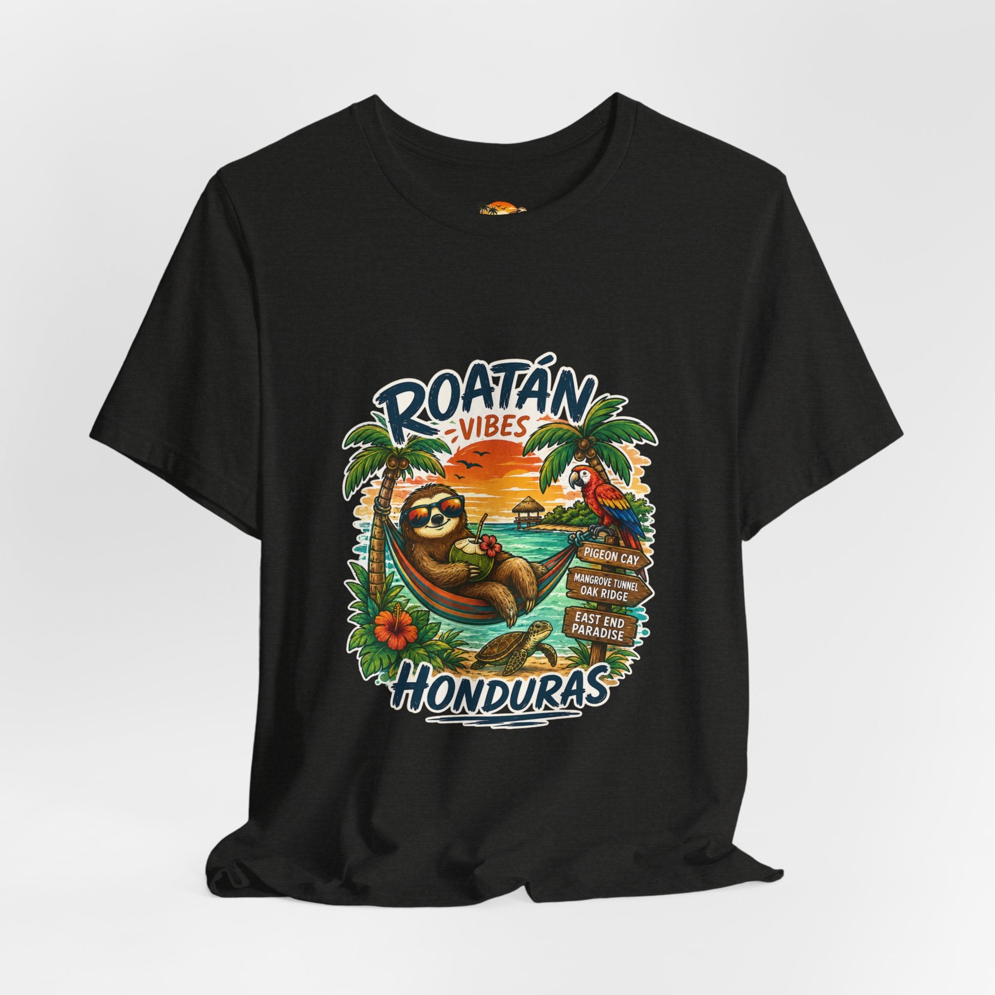 Roatán Vibes Honduras T-Shirt — Tropical Sloth Beach Vacation Tee
