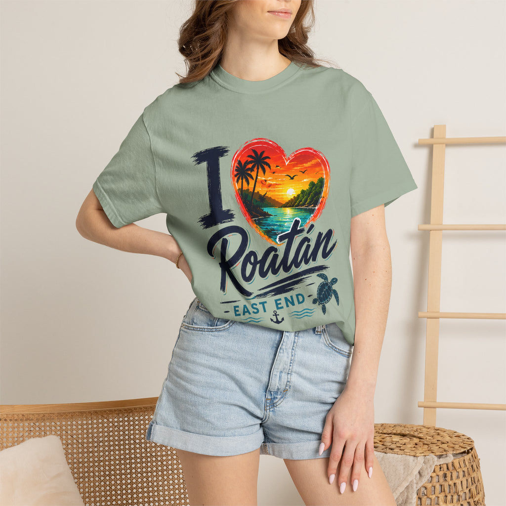 I Love Roatán East End T-Shirt — Tropical Heart Sunset Souvenir