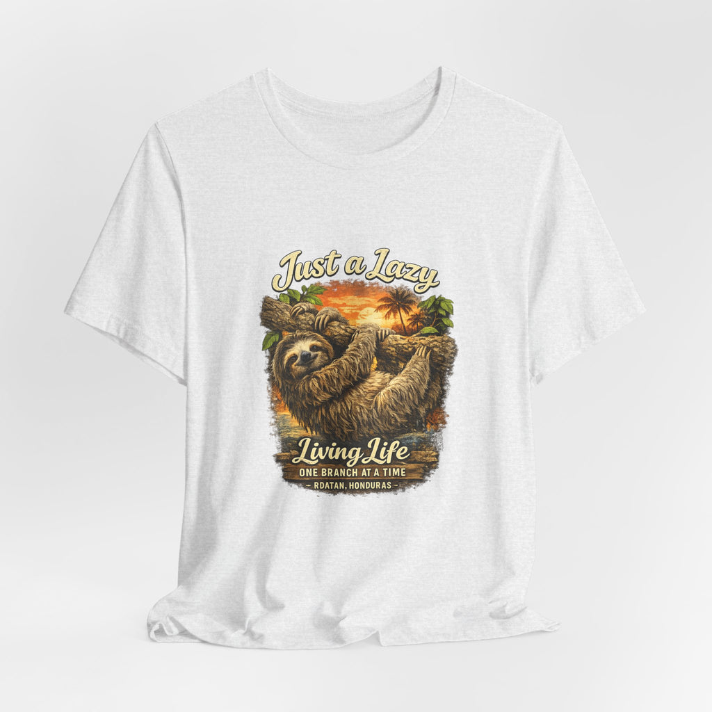 Sloth 'Just a Lazy Living Life' Graphic Tee — Beach Sunset Relaxed T-Shirt