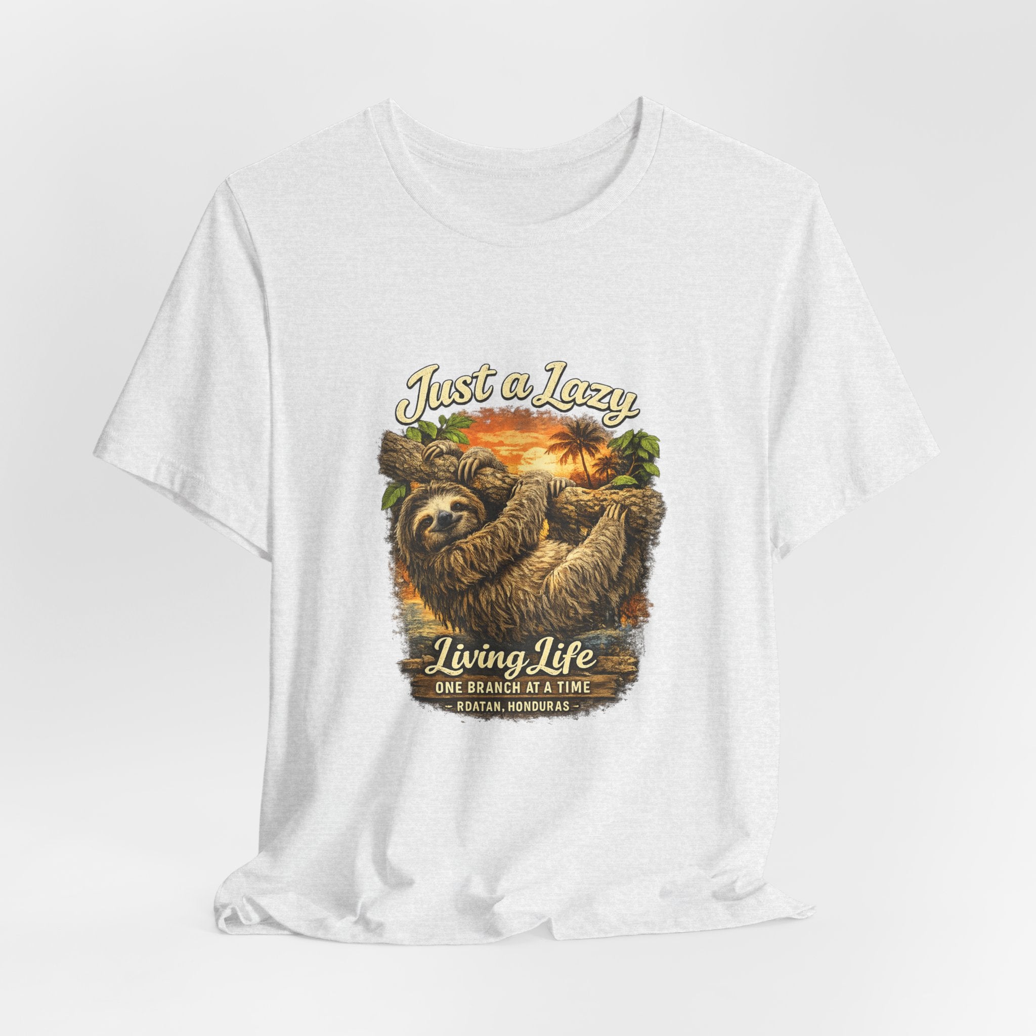 Sloth 'Just a Lazy Living Life' Graphic Tee — Beach Sunset Relaxed T-Shirt