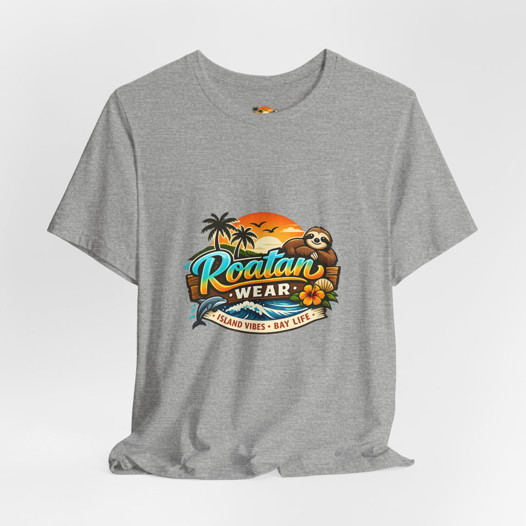 Roatán Wear Tropical Sunset Tee — Island Vibes Sloth Graphic Shirt