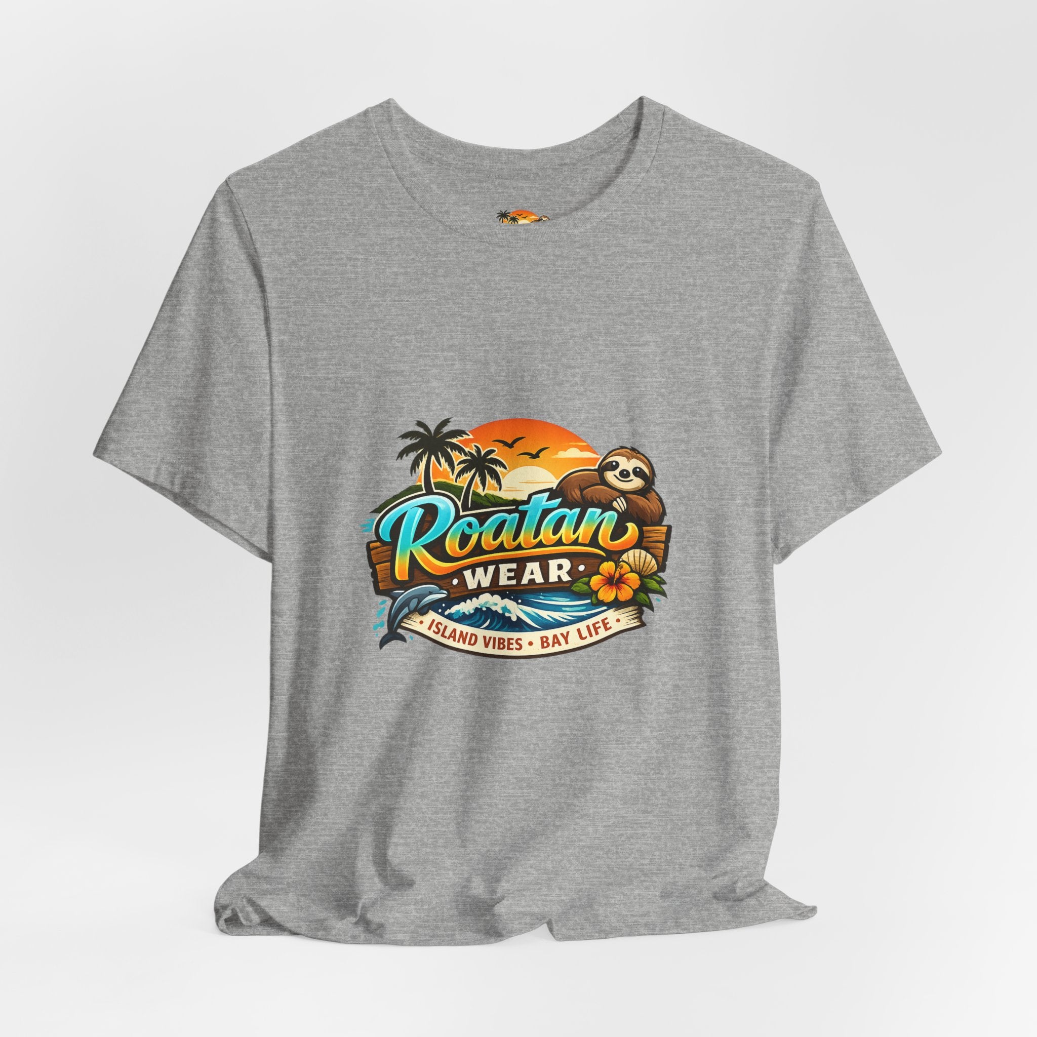 Roatán Wear Tropical Sunset Tee — Island Vibes Sloth Graphic Shirt