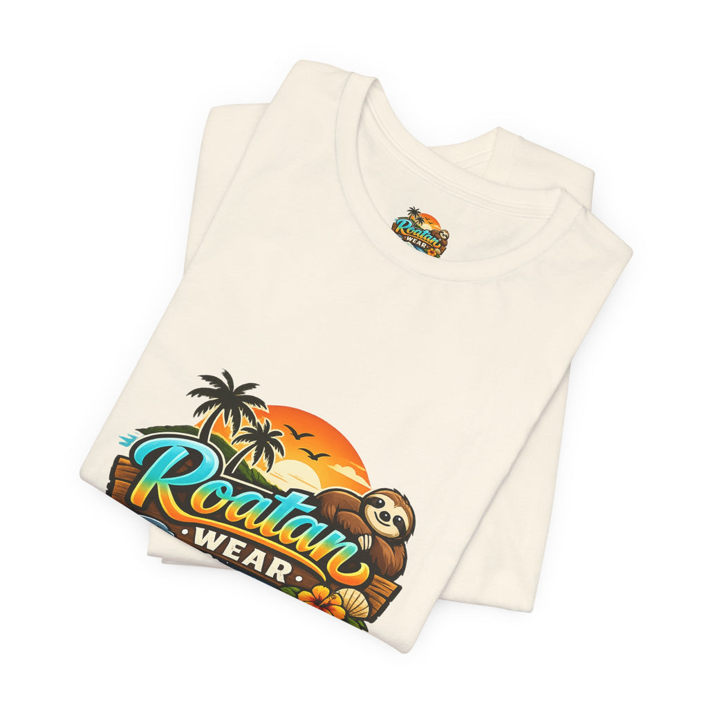 Roatán Wear Tropical Sunset Tee — Island Vibes Sloth Graphic Shirt