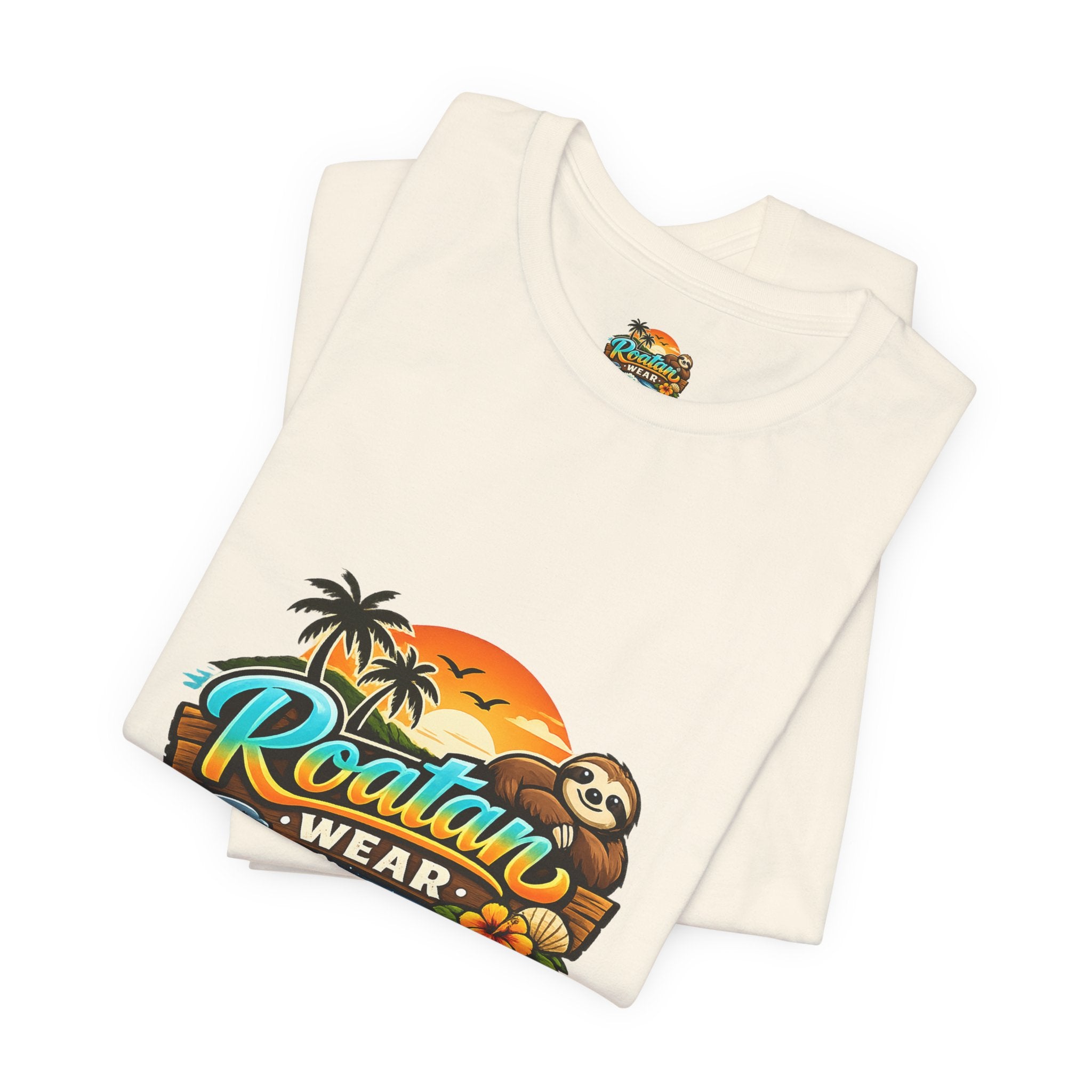 Roatán Wear Tropical Sunset Tee — Island Vibes Sloth Graphic Shirt