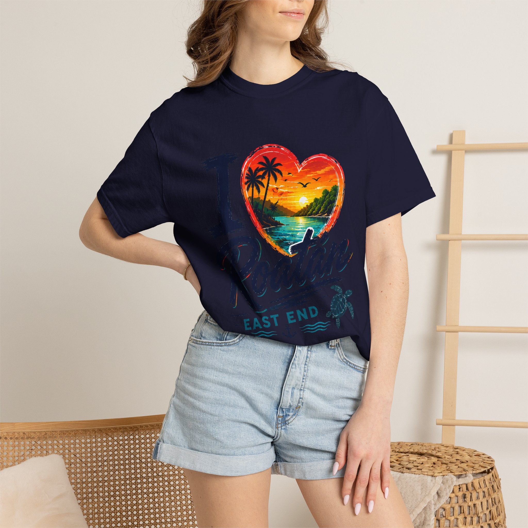 I Love Roatán East End T-Shirt — Tropical Heart Sunset Souvenir