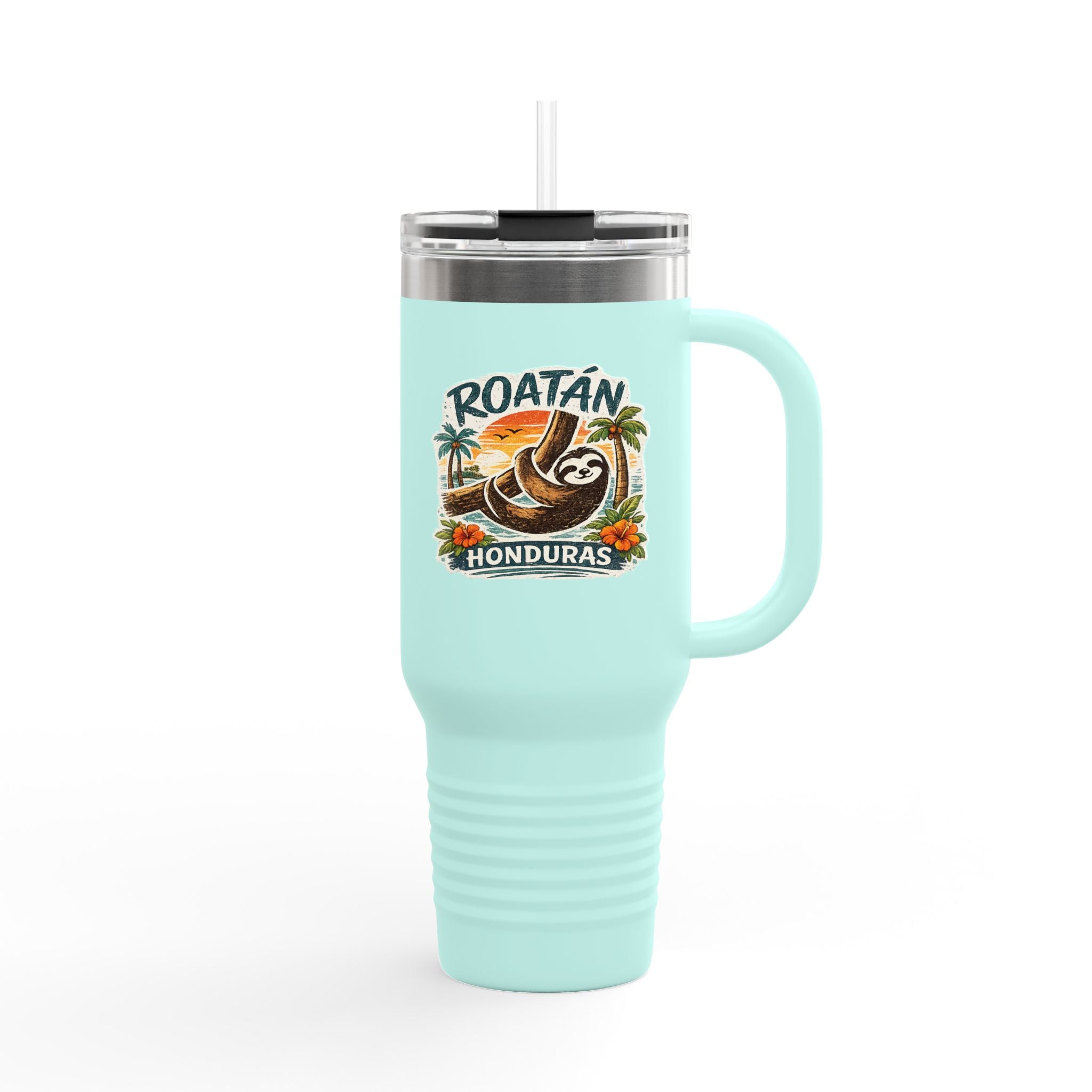 Roatán Honduras Travel Mug 40oz — Tropical Palm & Sloth Insulated Tumbler