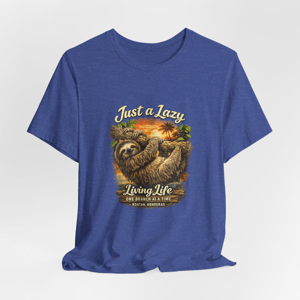 Sloth 'Just a Lazy Living Life' Graphic Tee — Beach Sunset Relaxed T-Shirt