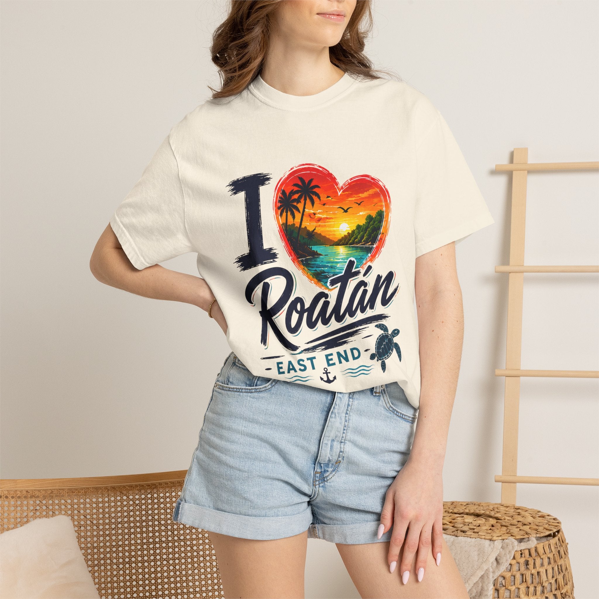 I Love Roatán East End T-Shirt — Tropical Heart Sunset Souvenir