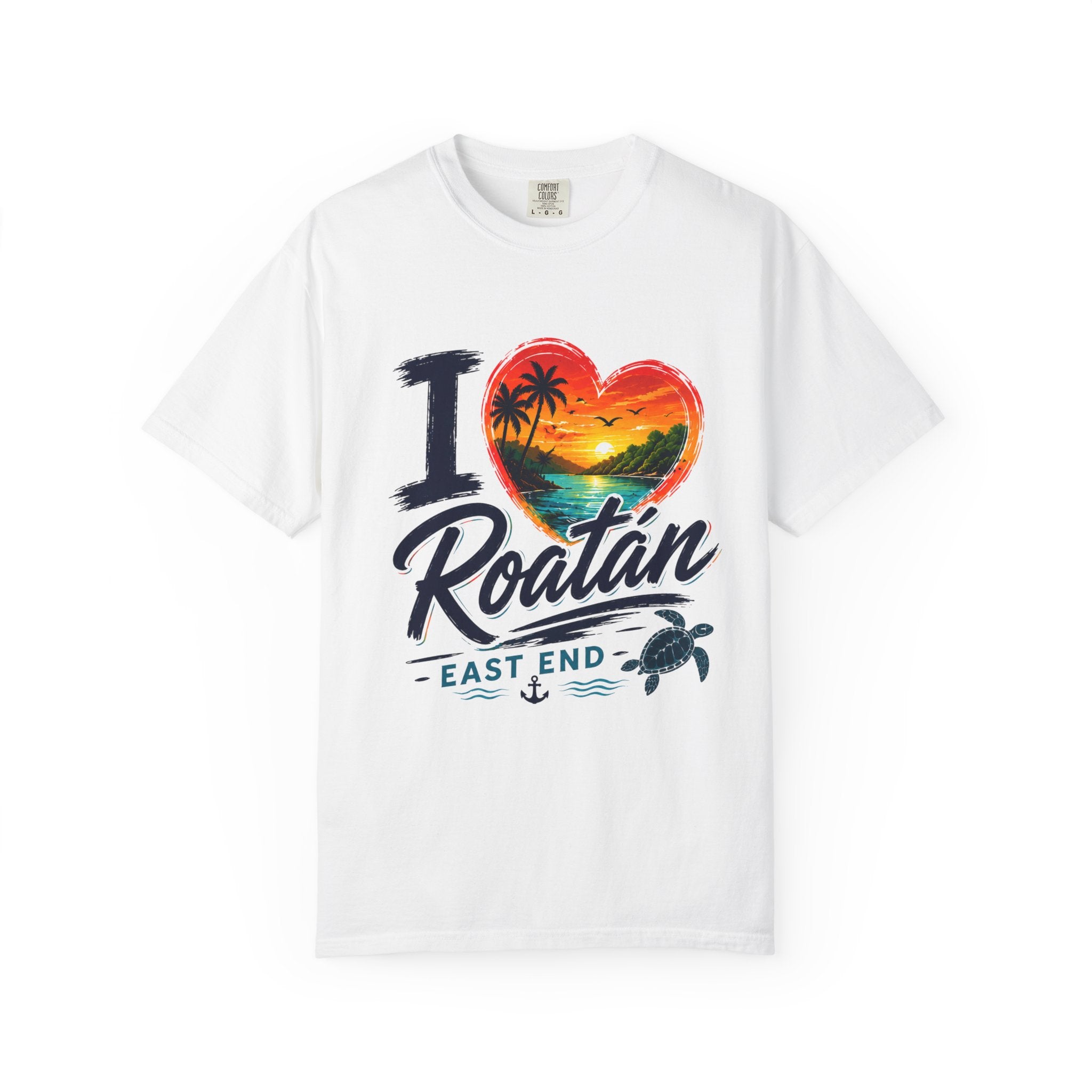 I Love Roatán East End T-Shirt — Tropical Heart Sunset Souvenir