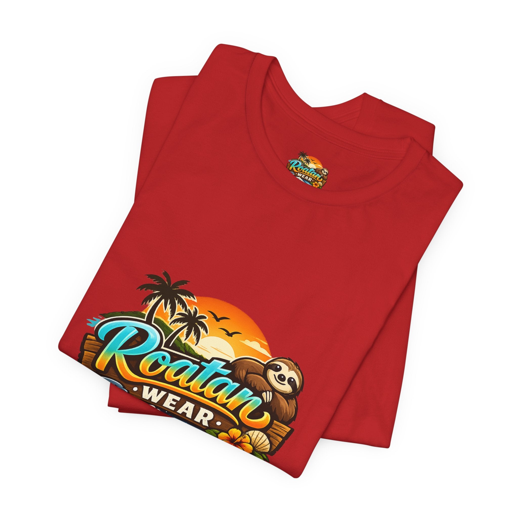 Roatán Wear Tropical Sunset Tee — Island Vibes Sloth Graphic Shirt